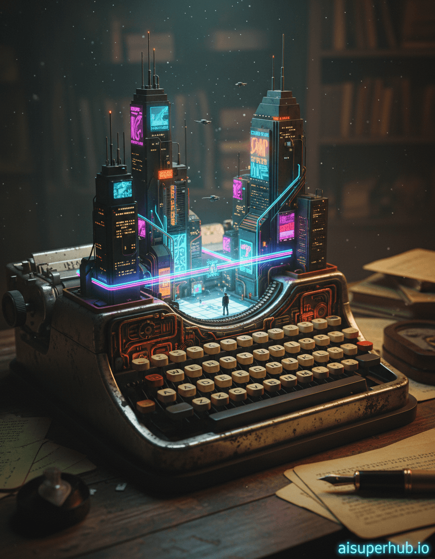 Create a hyper-realistic macro photograph depicting a vintage typewriter transformed into a bustling cyberpunk city for the Vintage edits. The worn, ivory keys of the typewriter are intricately re-imagined as towering, neon-lit skyscrapers, casting long shadows over the textured metal chassis. Tiny, glowing data streams flow between the letter keys, acting as elevated highways, while the spacebar becomes a wide, illuminated plaza. Details to include: Miniature holographic advertisements flickering on the sides of the 'key-scrapers', tiny, almost imperceptible airships (resembling dust motes) navigating the 'sky' above the keyboard, the reflection of neon lights glinting off the polished surface of the 'typewriter city', small, intricate wires and gears peeking out from beneath the keys, appearing as maintenance tunnels or power conduits, and a lone, minuscule figure standing on the 'spacebar plaza', looking up at the towering keys. The typewriter sits on an aged wooden desk, slightly out of focus, with antique paper and a fountain pen nearby, giving context to its true size. The background is softly blurred to emphasize the macro details of the city, yet hints at a larger, dimly lit room filled with forgotten memories and untold stories. Dust motes float in the ambient light, adding to the sense of a grand, yet miniature, world. Dramatic, low-key lighting emanates from the 'city' itself, with a strong contrast between the vibrant neon glows and the deep, inky shadows. The light evokes a sense of futuristic wonder mixed with melancholic nostalgia, highlighting the intricate details of the urban landscape while hinting at the typewriter's true age. Color palette: Deep cyans, magentas, electric blues, and vibrant oranges for the city lights, contrasted with the muted sepia tones and aged brass of the typewriter's original structure. The mood is a blend of awe-inspiring scale and intricate detail, evoking a sense of discovery and quiet, retro-futuristic wonder. Style: Macro photography, surrealism, steampunk, cyberpunk aesthetic, vintage textures, hyperrealism, dreamlike quality. Additionally, add a subtle overlay text at the bottom right corner of the image displaying 'aisuperhub.io' in a glowing neon font.