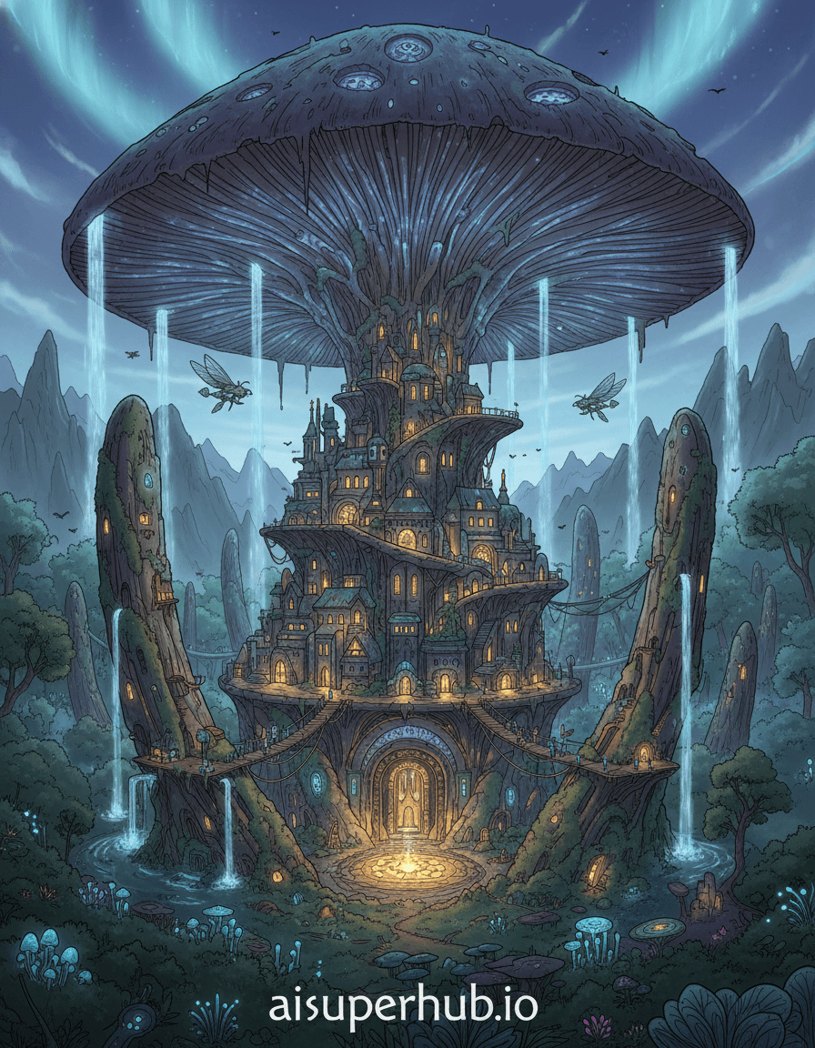 Create a hyper-realistic panoramic view depicting a lost ancient city nestled within the gills of a gargantuan petrified mushroom for the highly detailed, hand-drawn, technical-style illustration. The central focus is an intricately carved, multi-tiered metropolis, its structures conforming organically to the mushroom's immense, fossilized gills. Tiny airships, resembling delicate insects, navigate between the towering, moss-covered fungal pillars, hinting at a civilization both advanced and harmonized with its impossible habitat. Details to include: A grand, glowing central marketplace at the mushroom's stem base, delicate bridges connecting different gill-city levels, minuscule figures of inhabitants bustling on elevated platforms, waterfalls cascading from spore-like openings, and ancient glowing runes etched into the petrified mushroom walls. The colossal mushroom stands alone in a misty, ethereal forest, its cap reaching into a twilight sky filled with aurora-like phenomena. Ancient, bioluminescent flora sparsely dots the forest floor, providing a faint, mystical glow that pierces the perpetual twilight. Distant, shadowy peaks loom on the horizon, suggesting a world of immense, forgotten wonders. The lighting is soft and otherworldly, with cool blues and purples from the aurora filtering through the misty canopy, creating an ethereal, mysterious glow within the city's nooks and crannies. Strategic warm, golden light emanates from within the city, suggesting hope, activity, and a hidden warmth amidst the ancient grandeur, evoking a sense of wonder and awe. Predominantly deep greens, earthy browns, and muted purples for the mushroom and surrounding forest, contrasted with warm golds, amber, and vibrant ethereal blues for city lights and sky phenomena. A blend of ancient mystery, serene wonder, and breathtaking discovery. Masterful digital painting, hyper-realistic, fantastical realism, intricate detail, epic scale, cinematic, dreamlike, photorealistic rendering, with an overlay text at the bottom reading 'aisuperhub.io'.