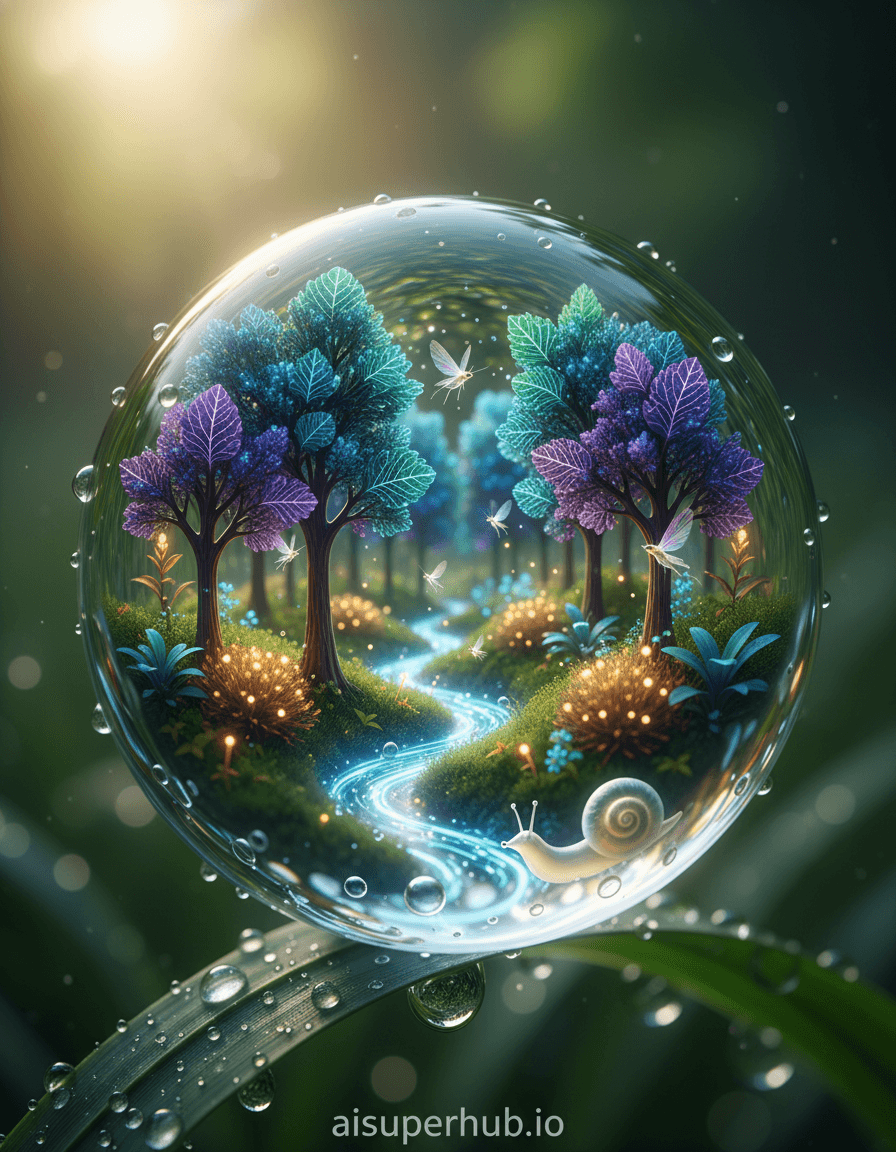Create a hyper-realistic photograph depicting a miniature bioluminescent forest ecosystem within a perfectly spherical dewdrop for the hyper-realistic isometric 3D render of a miniature. Inside the crystal-clear dewdrop, microscopic flora pulsate with soft internal light, forming glowing trees and moss. Tiny, translucent, iridescent-winged creatures flutter among them, navigating the water's surface tension, revealing a vibrant, self-sustaining microcosm. Details to include: Intricate vein patterns on glowing leaves; visible water molecules on the dewdrop's surface; a minuscule, glowing river; a shimmering trail from a transparent snail; a subtle reflection of a larger world. The dewdrop rests on a vibrant green blade of grass, itself covered in tiny droplets. The background blurs into soft bokeh of lush, sun-dappled foliage, emphasizing the extreme macro scale and the vast garden beyond. Ethereal dawn light permeates the dewdrop; soft golden rays intensify bioluminescence. Internal refractions create prismatic effects and tiny rainbows, magnifying hidden corners, evoking profound awe, fragility, and discovery. Deep emeralds, sapphire blues, amethyst purples for flora; warm amber and soft golden-white for bioluminescence. External: natural, muted greens. A mood of serene wonder and profound, microscopic majesty, revealing a universe in the smallest detail. Hyper-realistic, extreme macro photography, fantastical nature, dreamlike realism, high detail, intricate, ethereal, digital art. Overlay text at the bottom: 'aisuperhub.io'.