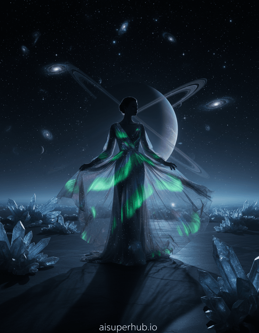 Create a hyper-realistic fashion photography depicting a model wearing an aurora borealis gown for the Outfit photoshoot. A lone supermodel stands on a desolate, otherworldly landscape, her figure silhouetted against a cosmic backdrop. Her gown, a living, swirling manifestation of the northern lights, cascades around her, each fold a vibrant ribbon of light and gas. The fabric appears to gently undulate as if caught in an ethereal breeze, revealing glimpses of nebulae and distant stars within its depths. Details to include: Intricate, swirling patterns of green, purple, and blue light forming the gown's fabric; Subtle iridescence and shimmering effects on the gown, indicating its ethereal nature; The model's serene, almost otherworldly expression, complementing the cosmic theme; A faint glow emanating from the gown, casting soft, colored light onto the surrounding environment; Overlay text at the bottom: 'aisuperhub.io'. The setting is a barren, frozen alien planet with jagged, crystalline rock formations jutting from a smooth, obsidian ground. The sky is a deep, velvety black, punctured by countless shimmering stars and distant, swirling galaxies. There's a faint, almost invisible atmospheric haze that adds to the dreamlike quality, with a colossal, ringed gas giant looming majestically in the far distance. Dramatic, soft, and ethereal backlighting emanates primarily from the aurora gown itself, casting long, dramatic shadows. A subtle, cool blue ambient light permeates the scene from the distant cosmic elements, creating an emotionally profound and mysterious aura. Dominant hues of deep space black, iridescent aurora greens, vibrant cosmic purples, electric blues, and subtle hints of silver and starlight white. Mystical, awe-inspiring, and profoundly serene, evoking a sense of wonder and cosmic elegance. High-resolution fashion photography, surrealism, ethereal lighting, cosmic art, cinematic, hyper-detailed, impossible concept, trending on ArtStation.