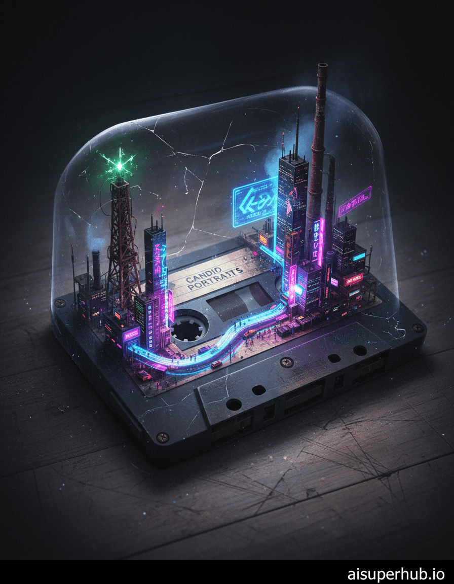Create a hyper-realistic digital painting depicting a forgotten vintage compact cassette tape transforming into a bustling cyberpunk cityscape for the Candid portraits. A worn, analog cassette tape, its plastic shell cracked and slightly warped, serves as the very foundation of a sprawling metropolis. Miniature neon-lit skyscrapers erupt from its magnetic tape ribbon, which now appears as a glowing, serpentine river of data flowing through the urban canyons. Tiny vehicles, glowing with internal light, navigate intricate holographic roadways etched onto the cassette's label area. Details to include: Microscopic figures of people bustling across glowing bridges made from stretched tape; Flickering holographic advertisements projected onto the cassette's transparent window; Rusting metal screws on the cassette's surface re-imagined as ancient, towering industrial structures; A tiny, broken headphone jack acting as a dilapidated antenna tower; The cassette's clear plastic case partially encasing the scene, creating a distorted, glass-like dome. The cassette itself rests on a dusty, scratched wooden surface, perhaps a forgotten attic floor, contrasting sharply with the vibrant, futuristic world it harbors. Dust motes, caught in the dramatic lighting, swirl around the miniature city, adding to the sense of a hidden, microscopic universe. The immediate surroundings of the cassette are dark and out of focus, emphasizing the intricate detail of the main subject. Dynamic, dramatic chiaroscuro lighting, with deep shadows giving way to intensely glowing neon blues, purples, and electric pinks emanating from the cityscape. The light should evoke a sense of mysterious discovery and awe, highlighting the impossible scale. Color palette: Predominantly dark grays and muted browns of the cassette, starkly contrasted by vibrant neon blues, electric purples, hot pinks, and occasional bright greens from the cityscape. Mood/atmosphere: Awe-inspiring, melancholic, and subtly dystopian, a forgotten past holding a vibrant, impossible future. Hyper-realistic digital painting, macro photography perspective, cyberpunk art, detailed matte painting, photorealistic rendering, volumetric lighting, deep depth of field. Overlay text at the bottom: 'aisuperhub.io'