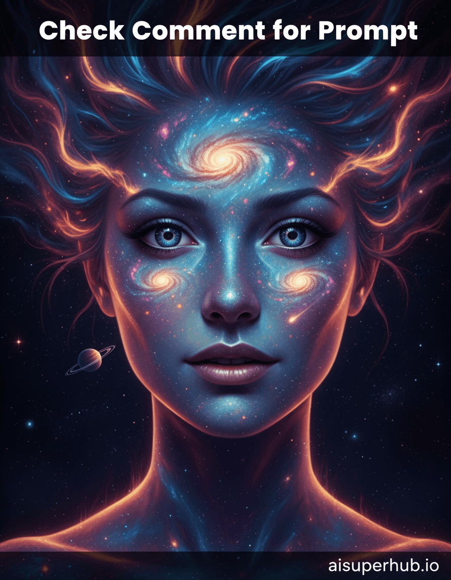 Overlay text: 'Check Comment for Prompt' Create a hyper-realistic digital painting depicting a woman whose face is a vibrant, swirling nebula for the Creative portraits women. This intimate close-up portrait showcases a woman whose facial features are exquisitely formed from celestial phenomena, yet her expression remains profoundly human and serene. Her hair elegantly cascades like solar flares, framing a face that is simultaneously cosmic in scale and intimately personal in detail.
Details to include: Her luminous eyes are twin spiral galaxies, deep and shimmering with distant starlight. Her lips are soft, glowing arcs of nebular dust, hinting at a gentle smile. Delicate comet-like trails gently trace the contours of her cheekbones, adding a dynamic, ethereal glow. A single, tiny, luminous planet delicately orbits near her temple, visible but not distracting. Wisps of aurora borealis subtly form her expressive eyebrows.
The background dissolves into an infinite, deep space, not merely empty black, but filled with a diffuse, dark cosmic dust, subtly punctuated by extremely distant, barely visible pinprick stars. This creates an overwhelming sense of vastness and profound mystery, ensuring the celestial face dominates the frame entirely without distraction.
The lighting is soft and ethereal, emanating from within the nebula-face itself, casting subtle, self-generated shadows that define her celestial features. The light is warm and inviting, yet undeniably otherworldly, evoking a deep sense of wonder and a touch of contemplative melancholy.
A rich color palette blends deep indigos, cosmic blues, fiery oranges, soft magentas, and radiant pinks, accented by starlight whites and subtle gold dust. The mood is awe-inspiring, serene, and deeply contemplative. This piece is a hyper-realistic portraiture, infused with cosmic fantasy art, celestial photography, ethereal glow, high-detail, and visionary artistry. Credits: 'aisuperhub.io'