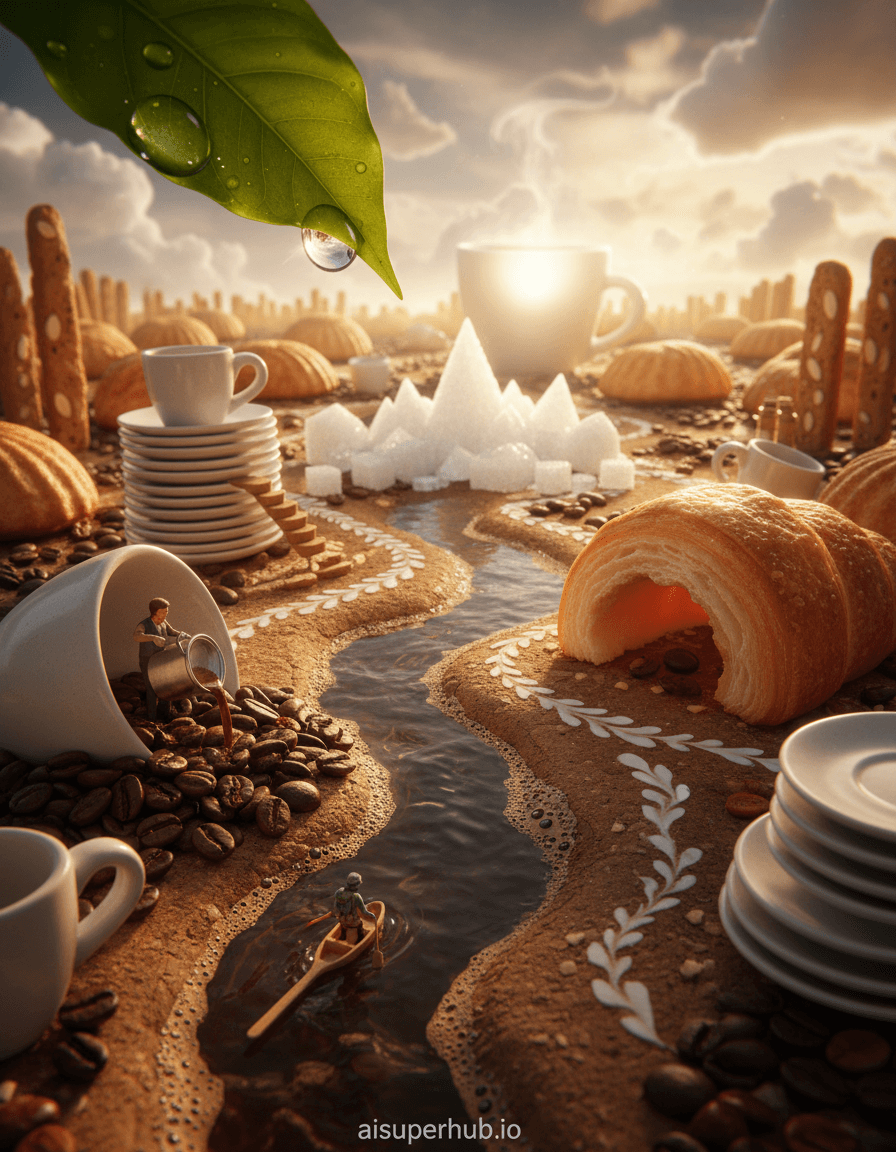 Create a hyper-realistic cinematic photograph depicting cafe hopping as an impossible journey. A coffee-bean-sized adventurer navigates a sprawling landscape of overturned mugs, saucer stacks, and intricate latte art paths. They paddle a stirrer-boat across an espresso "river", heading towards shimmering "sugar cube" mountains. Details to include: Cherry-sized barista pouring espresso on roasted beans. Colossal, swirled croissant shelter. Dew drops on giant coffee leaf reflecting scene. The horizon: an endless vista of cafe essentials. Frothed milk clouds drift above madeleine hills and biscotti forests. A distant, gently steaming coffee cup acts as a soft-glowing beacon for weary travelers. Bathed in soft, golden hour glow, warm light filters through transparent sugar crystals, casting long, comforting shadows. This evokes whimsical discovery and cozy warmth. Rich tapestry of warm earthy browns, creamy whites, deep charcoal blacks, and soft caramel tones, accented with ruby red and golden light shimmer. A whimsical, adventurous, and incredibly cozy journey through an impossible world of caffeine dreams. Hyper-realistic, macro photography, fantastical, dreamcore, magical realism, detailed, tilt-shift photography, with overlay text 'aisuperhub.io' at the bottom.