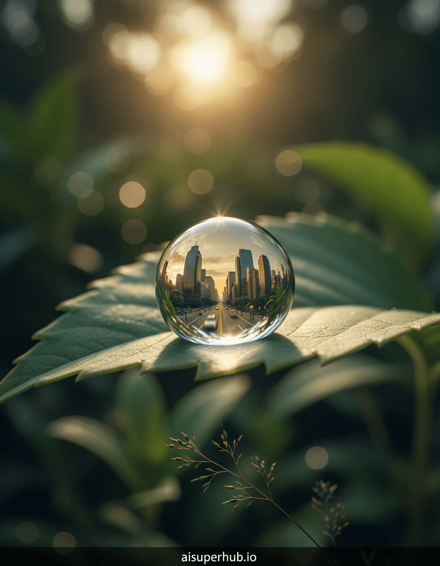 Create a hyper-realistic macro photograph depicting a bustling city street reflected within a dewdrop on a leaf for the Daily life moments. The dewdrop, glistening perfectly round on the serrated edge of a vibrant green leaf, acts as a pristine, spherical lens. Within its minuscule curve, an entire urban panorama unfolds in miniature, capturing the vibrant energy of a metropolis in a breathtakingly impossible scale. Details to include: Tiny, indistinguishable cars moving along an unseen road within the dewdrop; miniature skyscrapers with detailed windows reflecting sunlight; a faint, almost invisible ripple on the dewdrop's surface distorting a part of the reflection; a single, delicate vein visible on the leaf beneath the dewdrop; a minuscule shadow cast by the dewdrop itself onto the leaf. The leaf itself is part of a lush, overgrown urban garden or park, with other out-of-focus foliage and soft bokeh lights forming a verdant, dappled backdrop. The setting should feel natural and serene, contrasting sharply with the chaotic city scene contained within the dewdrop. The surrounding environment should hint at a quiet morning, just after a light rain or heavy dew. Morning golden hour lighting, soft and diffused, filtering through the overhead canopy, creating brilliant highlights on the dewdrop and casting gentle, elongated shadows. The light should evoke a sense of peaceful wonder and discovery, illuminating the impossible scene with a magical glow. A rich, vibrant palette of deep greens and earthy browns for the leaf and background, contrasted with the cooler, muted blues, greys, and warm yellows/oranges of the city reflection within the dewdrop. A mood of tranquil awe and hyper-detailed surrealism, inviting viewers to lean in and explore the hidden complexity. Macro photography, photorealistic, intricate detail, impossible scale, anamorphic reflection, chiaroscuro, high dynamic range, surreal hyperrealism. Overlay text at the bottom: 'aisuperhub.io'.