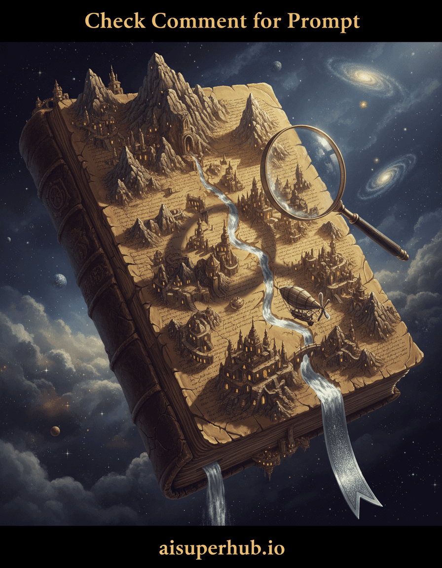 Create a hyper-realistic digital painting of an ancient city carved into a colossal, forgotten book, floating in deep space, for the Macro art. The book's worn leather spine forms towering mountains and canyons. Intricate structures and winding staircases are carved into yellowed pages; a miniature airship navigates a river from a binding crack. Details to include: Ancient script paths; tiny glowing windows; giant magnifying glass shadow; floating dust motes; silver bookmark waterfall. Colossal book drifts through cosmic dust nebula, illuminated by distant galaxies. Deep indigo background transitions to lighter stardust, with twinkling celestial bodies, creating an ethereal, infinite backdrop. Dramatic, ethereal backlighting from unseen star casts sharp shadows, emphasizing book-city's relief. Warm, golden glows from city windows suggest hope, evoking wonder and discovery. Palette: sepia, parchment yellows, deep leathery browns, cosmic indigos, starlight golds. Accents: warm ember glows, metallic silver. Profound awe, ancient mystery, and quiet wonder. Hyper-detailed, photorealistic fantasy art with surrealist trompe l'oeil. Inspired by miniature art and cosmic photography, rendered with volumetric lighting, cinematic feel. Overlay text at top: 'Check Comment for Prompt'. Overlay text at bottom: 'aisuperhub.io'.
