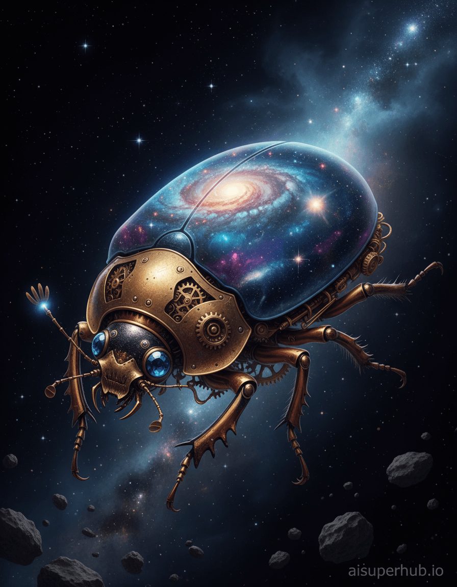 Create a hyper-realistic close-up photograph depicting a cosmic clockwork beetle whose iridescent shell is a swirling miniature galaxy for the highly detailed, hand-drawn, technical-style illustration. The colossal insect, intricately mechanical yet organically alive, is caught mid-flight, its numerous segmented legs tucked beneath a vast carapace. The beetle's body seems to be meticulously crafted from polished brass and aged copper, with tiny gears and levers visible along its joints, suggesting a complex internal mechanism. Details to include: A tiny, faint supernova explosion visible within one of the galaxy arms on its back; microscopic nebula clouds swirling in the iridescent patterns of its shell; delicate, filigree antennae tipped with stardust; glowing sapphire eyes reflecting distant nebulae; a subtle, transparent overlay text "aisuperhub.io" at the bottom right corner. It hovers within the inky blackness of deep space, vast asteroid fields drifting far below, their surfaces pockmarked and ancient. Distant, shimmering star clusters form a hazy backdrop, painting the void with pinpricks of light. The sheer scale of the creature suggests it is a celestial entity, a living, breathing component of the universe's grand design, rather than a mere insect. Dramatic, ethereal backlighting from a nearby cosmic dust cloud casts long, intricate shadows across its metallic underbelly, emphasizing its mechanical facets. The internal glow of the galaxy on its shell emits a soft, pulsing luminescence, creating an awe-inspiring and mystical aura. Deep cosmic blues, vibrant purples, ethereal greens, gleaming gold, polished brass, and aged copper, contrasted with the infinite blackness of space. A sense of profound wonder, cosmic majesty, and intricate, impossible beauty. Photorealistic render, science fiction concept art, steampunk aesthetic, hyper-detailed, impossible photography, celestial mechanics, fantastical surrealism.
