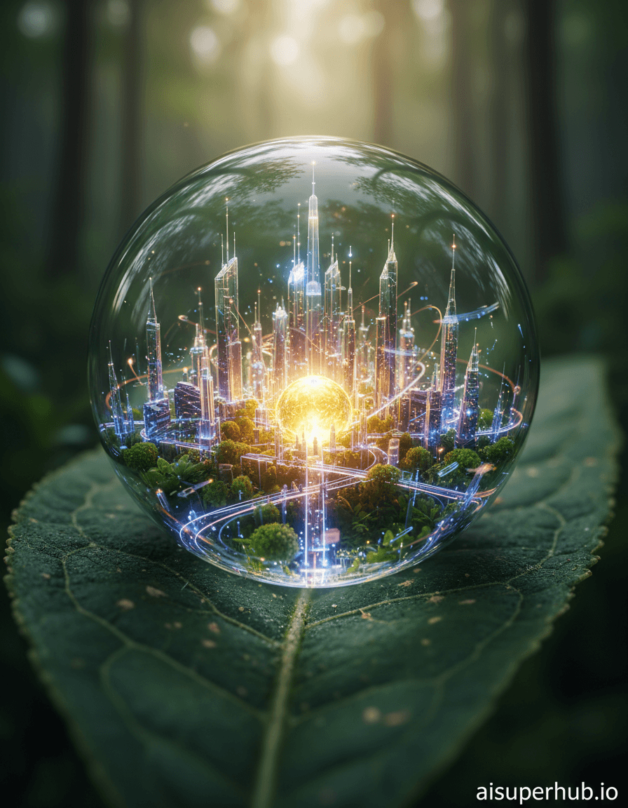 Create a hyper-realistic macro photograph depicting a vibrant, miniature metropolis thriving within a single dewdrop for the Micro art. The magnified dewdrop reveals intricate, translucent skyscrapers and bioluminescent roads formed from internal crystalline structures. Ethereal, energy-based figures flit between buildings, illuminated by the city's internal glow, creating a bustling, tiny ecosystem. Details to include: Fractal-like architecture, faint energy trails, reflections of a gigantic world, a glowing central power source, and microscopic flora as parks. The dewdrop rests delicately on an emerald-green leaf, its veins resembling ancient riverbeds in the blurred foreground. A vast, out-of-focus forest fills the background, hinting at immense scale beyond the tiny city, with subtle imperfections on the leaf enhancing realism. Soft, ethereal light emanates from within the dewdrop, casting a warm, inviting glow onto the leaf. This internal luminescence evokes wonder and hidden complexity, balanced by gentle, diffused ambient light highlighting the dewdrop's pristine surface. Iridescent blues, soft greens, shimmering purples, and warm gold define the city, contrasted with deep emerald of the leaf and muted earth tones. The overall mood is one of breathtaking discovery and serene, magical realism. Micro-photography, intricate detail, luminous, ethereal, fantastic realism, dreamlike, high resolution, ultra-detailed, fantasy. overlay text 'aisuperhub.io' at the bottom