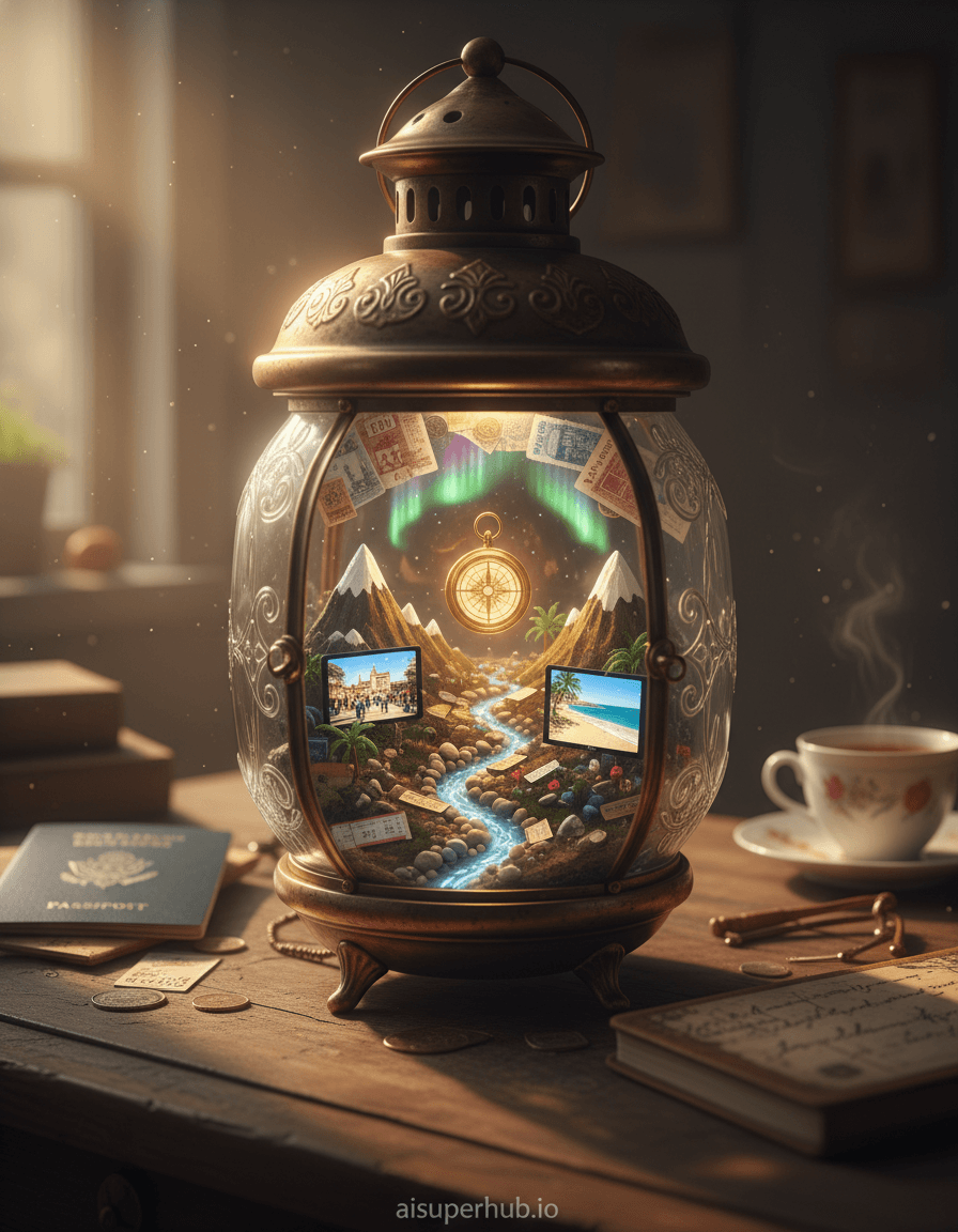 Create a hyper-realistic cinematic photograph depicting a miniature, encapsulated world for the Travel memories. Within a vintage, intricately etched glass lantern, a fantastical landscape unfolds, entirely composed of fragmented travel souvenirs and ephemeral moments. The central scene portrays tiny, intricately detailed postcards forming majestic mountain ranges, while a winding river of polished pebbles is embedded with fossilized plane tickets and train stubs. Details to include: Miniature, glowing digital screens the size of postage stamps display short, looping video clips of bustling global markets and serene tropical beaches. A tiny, brass compass acts as a radiant sun, casting long, dramatic shadows across the miniature terrain. Delicate, shimmering aurora borealis effects arc across the sky, fashioned from meticulously arranged collected foreign currency. The lantern itself rests on a weathered antique wooden desk, subtly covered with dust motes that dance and sparkle in a single, focused beam of light. Surrounding the lantern, blurred and nostalgic elements suggest a personal space: an open passport, a half-empty teacup with a faint steam, and a well-loved leather-bound travel journal with faded inscriptions. Soft, golden hour lighting filters from an unseen window, creating a warm, comforting glow around the lantern, while a subtle internal light source makes the miniature world shimmer and pulsate with life. This illumination evokes feelings of profound nostalgia, wonder, and a bittersweet longing for past adventures. The color palette features rich sepia tones, warm golds, dusty blues, muted greens, with occasional vibrant pops of color from the miniature scenes and glowing screens. A profound sense of wonder, nostalgia, and the ephemeral beauty of cherished moments are captured in a fragile, dreamlike reality. This is a hyper-realistic, cinematic photograph, mixed media, fantastical realism, trompe l'oeil, macro lens perspective, dreamlike, emotional depth, highly detailed, vintage aesthetic, with a subtle, elegant overlay text 'aisuperhub.io' appearing at the bottom of the image as a faint, ethereal signature.