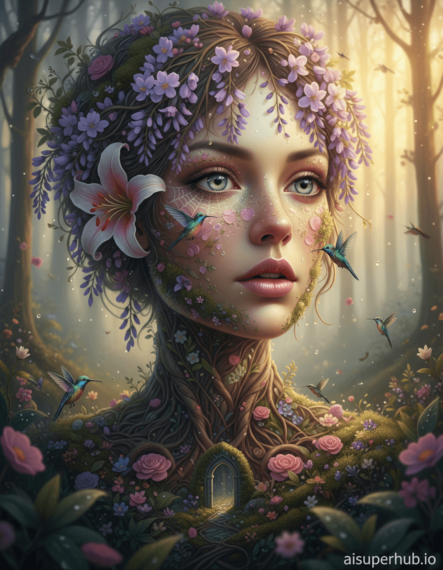 Create a hyper-realistic photorealistic portrait depicting a woman whose face is an intricate botanical landscape, for the Creative portraits women. Her eyes are luminous dewdrop pools reflecting distant light, her lips are soft rose petals slightly parted, and her hair flows as cascading wisteria branches. Tiny hummingbirds flit around her cheekbones, which are gentle slopes of moss and wildflowers. Details to include: A delicate spiderweb strung across her eyelashes, shimmering with morning dew. A tiny, jewel-toned butterfly resting on a blooming lily petal that forms her ear. Subtle, intricate roots forming the texture of her neck and jawline, blending seamlessly into the background. Glistening droplets of water on the leaves and petals, catching ambient light. An ancient, miniature stone archway partially hidden within the folds of her floral collarbone. The background dissolves into a soft-focus, enchanted forest at dawn, with ethereal mist weaving through ancient trees and shafts of golden light piercing the canopy. The air is alive with unseen, gentle insect life and the quiet rustle of leaves, creating a sense of profound tranquility and natural wonder. Soft, dappled morning light filters through an overhead canopy, highlighting the delicate textures and vibrant colors with a dreamlike glow. The illumination is gentle and ethereal, evoking a sense of peaceful wonder and profound natural beauty. A rich, harmonious palette of deep forest greens, soft pastel pinks, lavender purples, and sun-kissed golds, with accents of iridescent blues and emeralds. A mood of serene enchantment and organic mysticism pervades the scene, inviting viewers into a world where nature and humanity are one. Ultra-realistic digital painting, botanical art, surrealism, high detail, intricate, ethereal, dreamlike, cinematic, golden hour, bokeh. overlay text: 'aisuperhub.io'