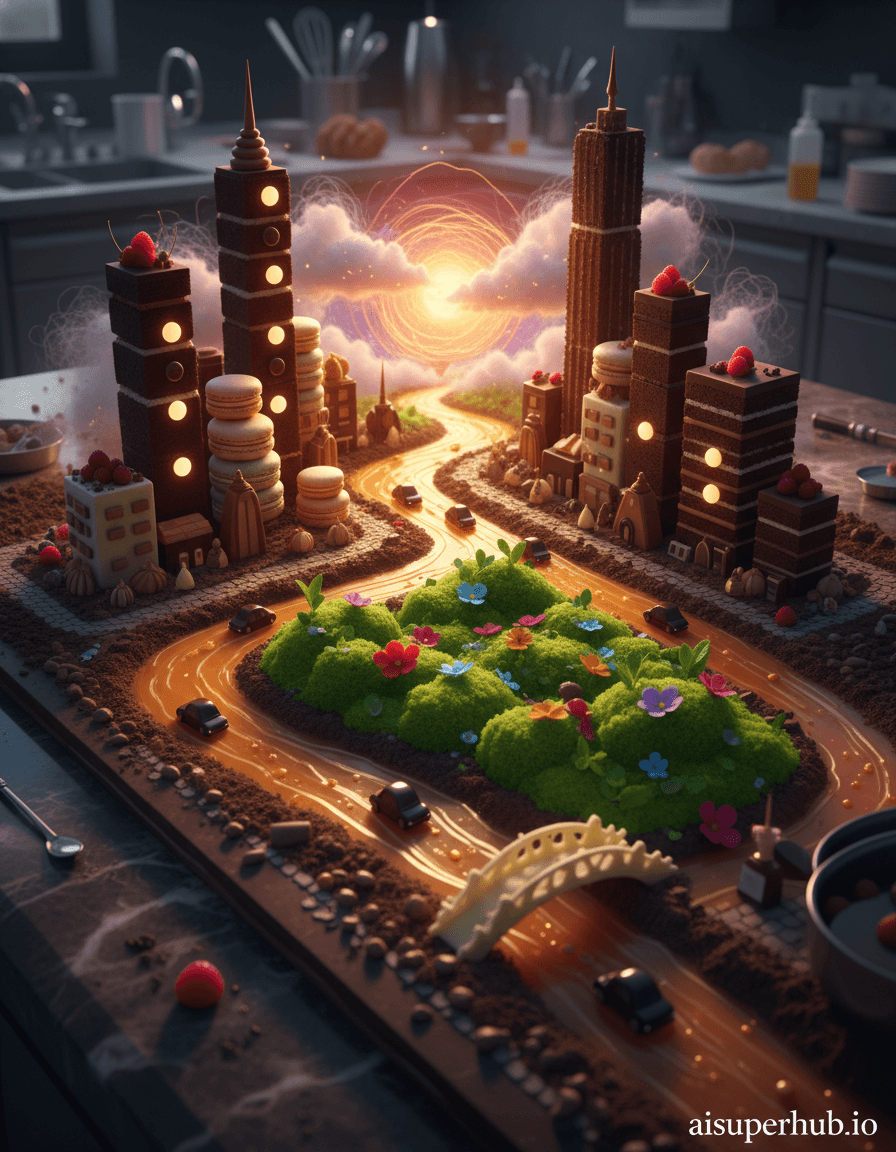 Create a hyper-realistic macro photograph depicting a 'Dessert Metropolis' for the Food photography. The bustling cityscape is intricately crafted from an assortment of gourmet desserts, showcasing a vibrant urban panorama. Towering skyscrapers are built from layered chocolate cakes and delicate macarons, while winding rivers of molten caramel flow between cobblestone streets made of crushed cookies, and tiny, glowing windows of buildings are represented by illuminated sugar candies, suggesting life within this sweet urban landscape. Details to include: Miniature 'cars' made from dark chocolate truffles on caramel roads; A 'park' area composed of vibrant green matcha sponge cake and edible flower bushes; A 'bridge' arching over a caramel river, constructed from delicate white chocolate shards; A 'sunset' effect on the horizon, glowing through a spun sugar cloud formation; Tiny 'people' figures subtly indicated by sprinkles and edible glitter on the streets. The dessert metropolis sits on a polished, dark marble counter, reflecting the warm glow of the setting sun. The surrounding area is softly blurred, emphasizing the incredible detail of the food architecture, with hints of a chef's pristine workstation, and a slight condensation on the marble adds to the hyper-realistic feel. Golden hour lighting, warm and inviting, casting long dramatic shadows across the dessert structures, with a soft, nostalgic glow, creating a dreamlike yet tangible atmosphere, highlighting the textures of each sweet component. Color palette: Rich browns, creamy whites, vibrant reds and greens from fruits and matcha, golden caramels, and a warm spectrum of oranges, pinks, and purples for the sunset sky, all with high saturation to enhance appeal. Whimsical, awe-inspiring, and deliciously intricate, evoking a sense of childlike wonder. Hyper-realistic food photography, intricate miniature diorama, trompe l'oeil, high-resolution, award-winning culinary art. Overlay text: 'aisuperhub.io'