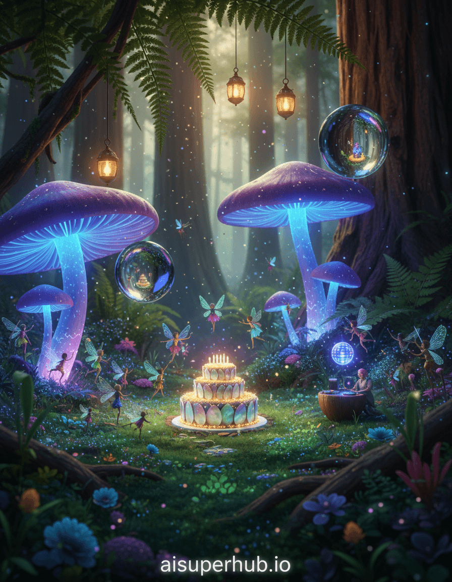 Create a hyper-realistic cinematic still depicting a whimsical, bioluminescent forest rave for miniature forest spirits for the Birthday parties. Miniature glowing fairies and sprites dance among towering mushrooms and giant dewdrops. A minuscule, multi-tiered cake, crafted from iridescent petals and sparkling frost, sits on a mossy clearing, illuminated by firefly lanterns. Confetti made of shimmering stardust rains down around them. Details to include: Tiny figures with translucent, insect-like wings leaving light trails, mushrooms emitting soft, pulsing light in various colors, intricate details on the petal-cake with edible glitter and frosting made of glowing pollen, dewdrops acting as magnifying lenses, distorting the party scene within, a miniature DJ booth made from a hollowed-out acorn with glowing dials. The party unfolds deep within an ancient forest, where colossal ferns create a canopy, and roots form natural dance platforms. The ground is carpeted with vibrant, phosphorescent moss that glows underfoot, interspersed with tiny, exotic flora. In the distance, giant redwood trunks loom, their bark textured like ancient wisdom, providing a sense of scale and wonder to the miniature celebration. The lighting is ethereal and magical, dominated by soft, bioluminescent glows emanating from plants, insects, and the party elements themselves. There are warm, inviting amber hues from the firefly lanterns mixed with cool, mystical blues and purples from the glowing moss and mushrooms. This creates a mood of joyful enchantment and wonder, a secret world unveiled. Color palette: Vibrant and fantastical, featuring electric blues, radiant purples, emerald greens, golden ambers, and iridescent silver, all with a luminous quality. Mood: A wondrous, joyous, and utterly magical celebration hidden within nature's grandeur. Style: Photorealistic fantasy art, intricate macro photography style, luminous digital painting, whimsical, dreamlike, high-resolution, sharp focus, cinematic, volumetric lighting, unreal engine 5, octane render. Overlay text 'aisuperhub.io' at the bottom.