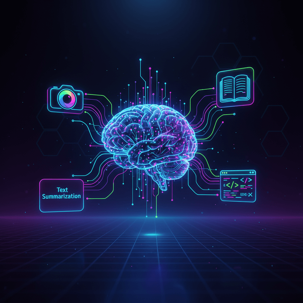A visually interesting and futuristic infographic design concept for a social media post. The central element is a glowing, stylized brain composed of intricate circuitry, representing artificial intelligence. Data streams of light flow in and out of the brain, visually depicting the learning process of AI. Floating around the brain are 3D icons representing AI prompts and applications – image generation, text summarization, code completion. The color palette is a vibrant blend of electric blue, neon green, and deep purple. The background is a dark, gradient void with subtle hexagonal patterns, adding depth. Hyperrealistic render, 4k resolution, dramatic lighting emphasizing the futuristic feel, a true masterpiece.