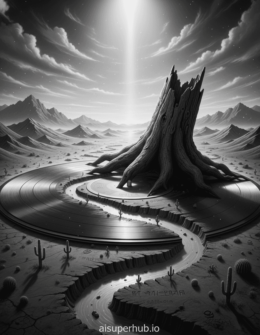Create a hyper-realistic black and white photograph depicting a colossal, ancient tree root stylus carving a deep, winding river through a vast desert landscape that is, in fact, a colossal vinyl record for the Black and white photography. The central focus is a massive, gnarled tree root, incredibly detailed, replacing a record player's stylus. Its tip is deeply embedded in the 'grooves' of what appears to be an arid desert, illustrating the stylus's slow, deliberate motion. The "record" stretches endlessly into the horizon, revealing geological formations shaped like sound waves. Details to include: Intricate bark textures on the tree root stylus, miniature cacti and tumbleweeds along the 'river' grooves, dust motes caught in the air, the subtle sheen of aged vinyl on the desert surface, faint, almost imperceptible etchings of ancient hieroglyphs within the 'record's' ridges. The background fades into a dramatic, expansive desert sky, filled with wispy clouds that seem to echo the gentle curves of sound waves. In the distance, jagged mountains, reminiscent of stacked records, rise majestically, creating a sense of epic scale and timelessness. The ground beneath the 'record' is a subtle, textured expanse of cracked earth, suggesting immense age and forgotten civilizations. Dramatic, high-contrast chiaroscuro lighting, with sharp shadows cast by the colossal stylus, emphasizing its formidable presence and the depth of the carved landscape. A single, powerful beam of light pierces through the clouds, illuminating the point where the stylus meets the record, imbuing the scene with a sense of awe, mystery, and profound quietude. A mood of melancholic grandeur and ancient, forgotten power permeates the scene, inviting contemplation on the passage of time and the echoes of history. A blend of surrealism and hyper-realism, reminiscent of Ansel Adams' monumental landscapes but with a dreamlike, impossible twist. Photorealistic, high detail, sharp focus, cinematic, black and white photography, grand scale, with an overlay text 'aisuperhub.io' at the bottom.