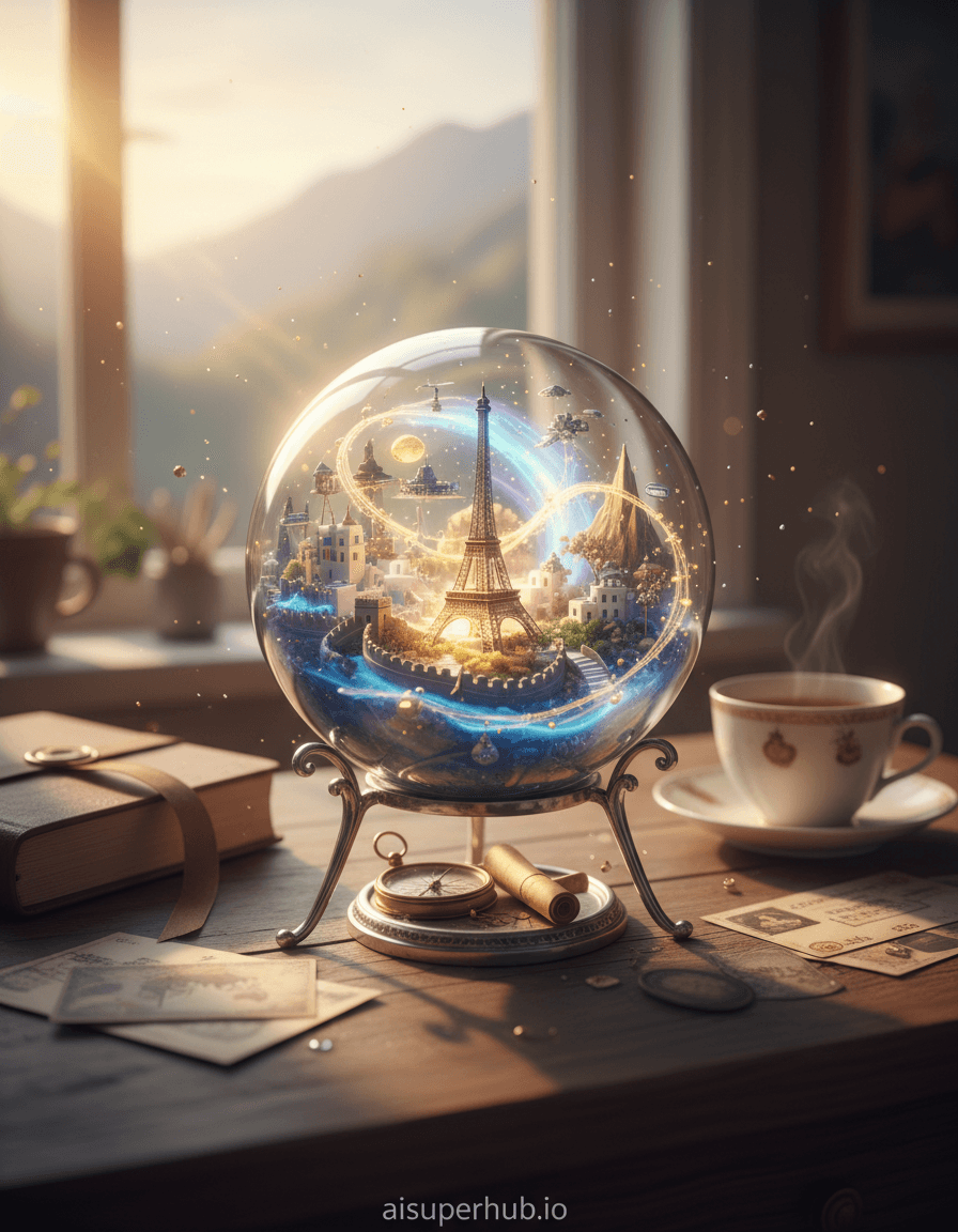 Create a hyper-realistic diorama depicting fragmented travel memories coalescing into a living landscape for the Travel memories. A miniature world unfolds within a translucent, crystalline sphere. Inside, tiny, vivid snapshots of iconic travel destinations like the Eiffel Tower, Great Wall of China, and Santorini's white houses emerge from a swirling, iridescent mist, not as flat images but as three-dimensional, glowing structures. These memories are not static but subtly shift and reform, like a dream. Details to include: Intricate, microscopic details of each landmark, rendered with impossible fidelity. Shimmering, ethereal 'memory trails' connecting different destinations within the sphere. A tiny, almost imperceptible compass and an old map fragment subtly embedded in the base of the sphere. A faint, warm glow emanating from within the sphere, suggesting cherished experiences. A delicate, antique silver stand holding the sphere. The crystalline sphere rests on a weathered, wooden desk, strewn with vintage postcards, a well-worn leather-bound journal, and a half-empty cup of tea. The backdrop is a softly blurred, sun-drenched window revealing a distant, hazy mountain range, hinting at future adventures. Dust motes dance in the ambient light, adding a sense of quiet nostalgia. Soft, golden hour lighting filters in from the side, casting gentle highlights and long, tender shadows. The internal glow of the sphere is warm and inviting, evoking feelings of comfort, longing, and cherished reminiscence. The overall illumination should feel dreamlike and emotionally resonant. A rich tapestry of warm earth tones, deep blues, and vibrant jewel-like hues from the miniature landmarks, contrasted with the soft, ethereal pastels of the swirling mist. Gold and silver accents should highlight the metallic elements. A profound sense of wonder, nostalgia, and the enduring beauty of shared experiences. Macro photography, magical realism, trompe l'oeil, mixed media art, cinematic chiaroscuro, dreamlike, emotionally charged, hyper-detailed, fantastical realism. Overlay text at the bottom: 'aisuperhub.io'