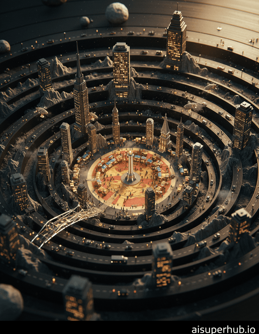 Create a hyper-realistic macro photograph depicting a bustling miniature metropolis within the grooves of an ancient vinyl record for the Macro art. Dust-mite-tall skyscrapers rise from record valleys, windows reflecting tiny streetlights. Microscopic vehicles navigate winding grooves as roads; minuscule airships drift between vinyl peaks. Details to include: Bustling marketplace, tiny stalls and figures in a wide groove. Delicate bridge spanning deep grooves, connecting city sectors. Subtle vinyl wear (scratches, dust) integrated as natural landscape. Textured black vinyl surface forms the environment. Concentric grooves create roads, canyons, plateaus for the city. Illuminated dust particles appear as giant boulders. An aged, discolored central label serves as a central park with a miniature monument. Warm, golden hour lighting from a low angle casts dramatic shadows, emphasizing architecture and bustling activity. It evokes discovery and wonder, revealing a secret, vibrant world. Palette: deep blacks/grays from vinyl, contrasted with warm amber/soft white city lights, plus subtle muted blues/greens for atmosphere. Mood: intricate wonder and fantastical life thriving in unexpected places. Style: hyper-realistic, photorealistic, macro photography, highly detailed, miniature world, trompe l'oeil, retro-futuristic, M.C. Escher-inspired, with an overlay text at the bottom reading 'aisuperhub.io'.