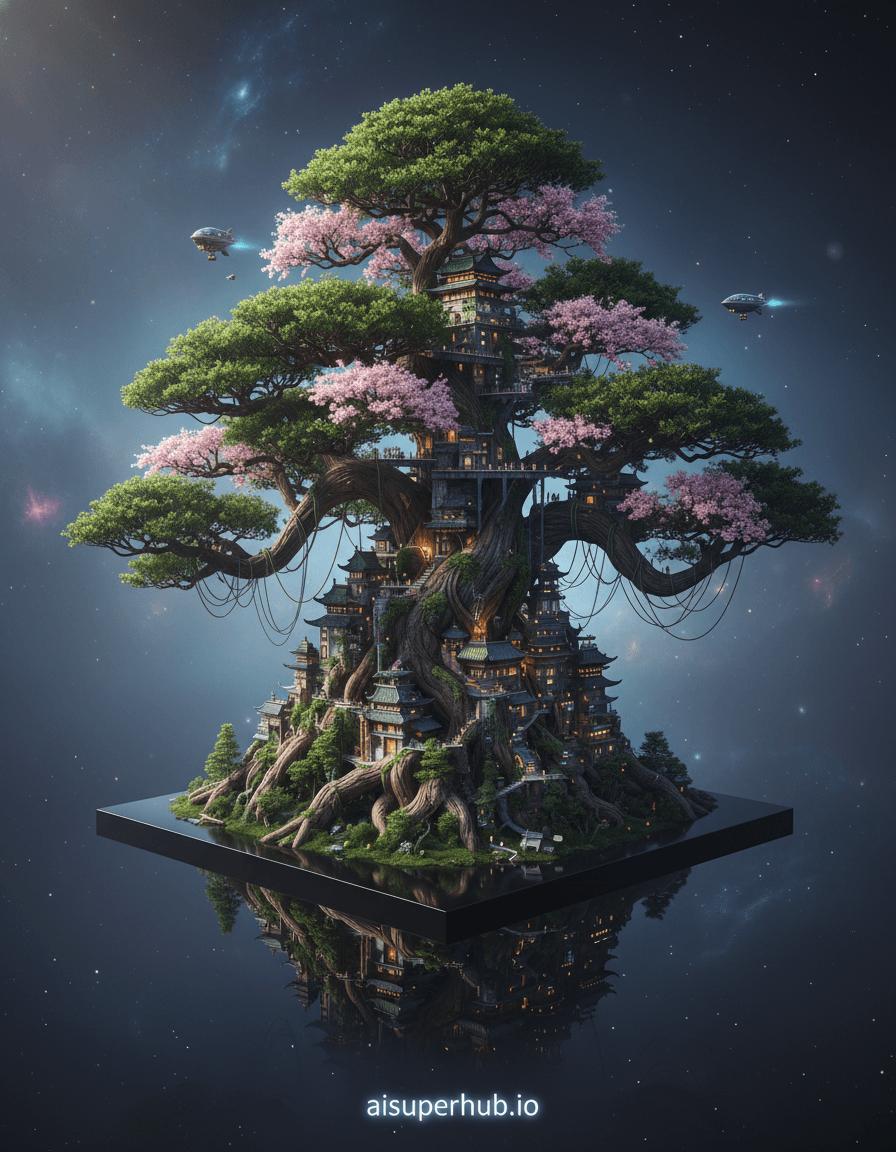Create a hyper-realistic panoramic wide-shot depicting a colossal, living bonsai tree city for the 3D holograms. A majestic, ancient bonsai tree, hundreds of meters tall, forms the intricate landscape of a bustling metropolis. Its gnarled trunk and sprawling branches are meticulously carved and grown into buildings, bridges, and winding pathways, with tiny, glowing inhabitants moving between its foliage-covered towers. The tree itself pulses with a subtle, organic light, indicating its living nature. Details to include: Miniature, bioluminescent airships navigating between the tree-city's canopy towers; Intricate, root-like power lines snaking across building surfaces; Glowing sap-filled rivers flowing through carved channels in the branches; Tiny figures of people scaling the bark-textured walls; Delicate cherry blossoms blooming on the higher branches, providing rooftop gardens. The bonsai city stands alone on a vast, ethereal plinth of polished obsidian, suspended in a boundless, cosmic void. Distant, swirling nebulae cast soft, otherworldly hues across the scene, hinting at a universe far beyond. Beneath the city, the plinth's surface reflects the intricate glowing structures, creating a dizzying sense of depth and scale, emphasizing the isolation and unique self-contained nature of this arboreal civilization. The scene is illuminated by a magical, internal bioluminescence emanating from the tree itself, augmented by the soft, diffused glow of distant nebulae. This creates a deeply mysterious and awe-inspiring atmosphere, evoking wonder and a sense of peaceful solitude. Shadows are long and intricate, highlighting the complex textures of the tree-city, but never oppressive. A rich tapestry of deep emeralds and moss greens for the foliage and bark, contrasted with warm, golden ambers and soft blues from the internal lights and sap rivers. Hints of lavender and rose from the distant nebulae and cherry blossoms. A serene, wondrous, and impossibly grand spectacle of nature and civilization intertwined. Organic futurism, hyper-detailed fantasy architecture, photorealistic rendering, epic scale, magical realism, concept art, cinematic, with a subtle, glow-in-the-dark overlay text 'aisuperhub.io' centered at the bottom.