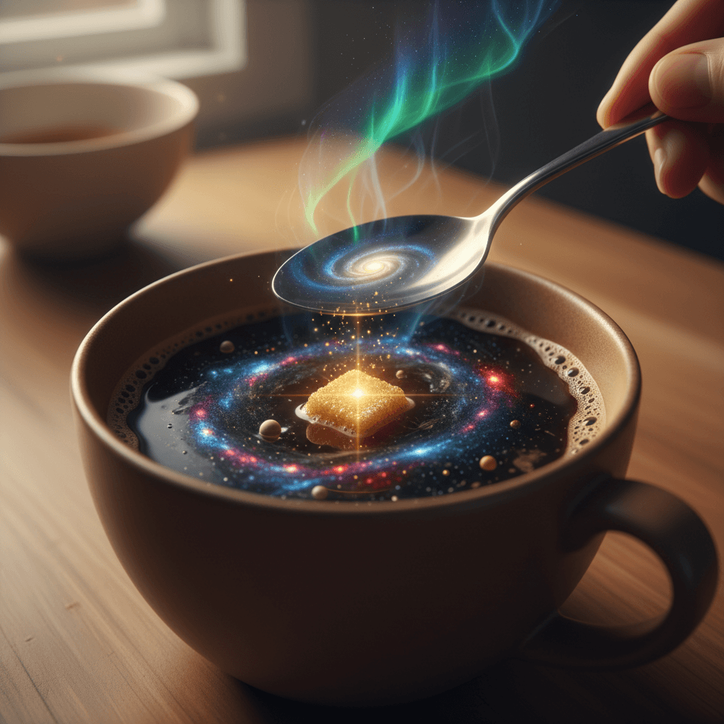Create a hyper-realistic macro photograph depicting a vast, swirling universe contained entirely within a steaming coffee cup on a quiet morning. The rich, dark liquid inside the ceramic mug transforms into cosmic dust and nebulae, with miniature, glowing planets orbiting a star-like sugar cube slowly dissolving at its core. A delicate ceramic spoon, poised to stir, appears as a celestial observer, reflecting distant galaxies on its polished surface. Details to include: Tiny, vibrant spiral galaxies and glowing gas clouds visible beneath the coffee's surface tension. A solitary, golden-hued sugar cube slowly breaking apart into shimmering stardust particles. The subtle, intricate reflection of a distant, ethereal galaxy on the spoon's chrome-like bowl. Wisps of steam rising from the coffee, morphing into translucent aurora borealis patterns around the cup's rim. A faint, subtle ripple effect on the coffee's surface, suggesting gravitational pulls of the internal cosmic bodies. The coffee cup rests on a smooth, slightly worn wooden table, bathed in the soft, diffused light of a nascent dawn. The background is softly blurred, hinting at a cozy, minimalist kitchen environment – perhaps the gentle curve of another ceramic item or the edge of a clean countertop, ensuring focus remains entirely on the cosmic mug. A gentle, warm golden hour glow from an unseen window washes over the scene, backlighting the steam and highlighting the internal cosmic radiance, creating an atmosphere of serene wonder and intimate discovery. Shadows are deep but soft, adding profound depth without harshness. A harmonious blend of deep espresso, creamy whites, glowing celestial blues and purples, subtle stardust golds, and vibrant, fiery reds emanating from the mini-planets. A profound, tranquil blend of the everyday and the extraordinary, inviting quiet contemplation and a sense of hidden magic. Ultra-realistic macro photography, cosmic surrealism, detailed chiaroscuro, dreamlike hyperrealism, digitally painted elements seamlessly integrated.