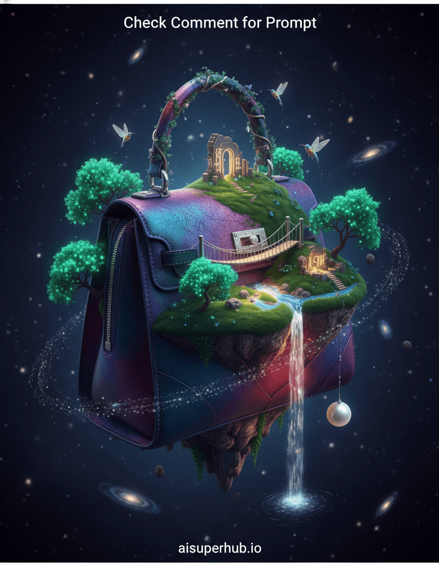 Create a hyper-realistic macro photography depicting a high-fashion designer handbag transforming into a breathtaking floating cosmic island for the Accessories shots. The main body of the handbag, crafted from iridescent, otherworldly leather, forms the lush, verdant terrain of a small, self-contained planetoid. Tiny, meticulously detailed trees with bioluminescent leaves sprout from the seams, while miniature waterfalls cascade down the elegant curves of the bag's structure, feeding into glowing rivers. Details to include: A delicate, miniature suspension bridge made from the bag's metallic hardware connecting two 'landmasses'. Microscopic, sparkling dust motes, like distant stars, orbiting the bag. Tiny, ethereal creatures (like fireflies or hummingbirds) with translucent wings fluttering around the bag's handle, which resembles a celestial archway. The designer logo subtly integrated as an ancient, glowing ruin on the island. A single, dew-kissed pearl, resembling a moon, delicately perched on a zipper pull. The handbag-island floats majestically in a deep, cosmic void, filled with swirling nebulae in shades of deep indigo and violet, dotted with distant, twinkling galaxies. Subtle gravitational pull effects are visible around the accessory, hinting at its self-contained ecosystem. The background should enhance the sense of vastness and mystery, yet keep the focus intensely on the intricate details of the bag. Dramatic, ethereal lighting emanating from within the bag's glowing features and reflecting off the iridescent material. A soft, ambient cosmic glow bathes the scene from unseen celestial bodies, creating long, mysterious shadows and highlighting textures. The emotional intent is awe-inspiring and magical. Color palette: Rich jewel tones of emerald green, sapphire blue, amethyst purple, and ruby red, contrasted with the deep blacks and silvers of the cosmic background. Accents of pearlescent white and soft gold from the bioluminescence. Mood/atmosphere: Mystical, luxurious, and dreamlike, evoking a sense of wonder and unparalleled artistry. Style summary: Photorealistic, cinematic, macro photography, fantastical realism, high-fashion editorial, digital painting. Overlay text at top: 'Check Comment for Prompt'. Credits at bottom: 'aisuperhub.io'