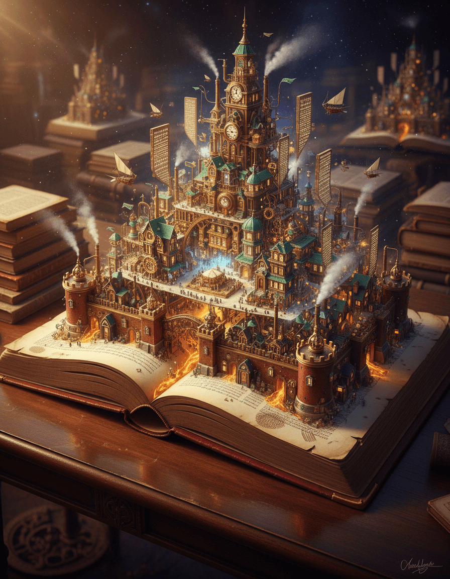 Create a hyper-realistic panoramic wide-shot depicting a colossal ancient tome transforming into a bustling steampunk city for the 3D holograms. The city sprawls across the open pages and spine of an immense, leather-bound book, with intricate gears and clockwork mechanisms forming buildings, bridges, and winding streets. Smoke billows from tiny chimneys that are actually ornate quills, and miniature airships navigate between towering paragraphs written in arcane script. Details to include: Tiny, illuminated windows of buildings that are actually embedded microscopic text. A grand central plaza where the book's binding is, revealing a bustling marketplace of cog-driven automatons. Rivers of molten ink flowing through the city, powering its mechanisms. The book's gilded edges forming the city's outer defensive walls. Visible fingerprints or smudges on the "pages" adding to the scale and texture. The book rests on an impossibly vast, dark oak table, its surface polished to a mirror sheen, reflecting the glow of the city above. The background fades into an infinite, star-dusted cosmic library, hinting at countless other worlds contained within similar literary constructs, creating a sense of profound mystery and scale. Dramatic, low-angle golden hour lighting casts long, intricate shadows from the towering "paragraphs" and clockwork structures, creating a sense of awe and warmth. Soft, ethereal internal light emanates from within the city itself, suggesting the vibrant life force contained within the book, imbuing a feeling of wonder and discovery. Rich sepia tones, deep crimson leathers, burnished brass, emerald green accents, and cerulean blue ethereal glows, contrasted with subtle parchment whites and deep cosmic purples. Awe-inspiring, intricate, and deeply imaginative, inviting endless exploration. Hyperrealism, cinematic, steampunk aesthetic, macro photography, fantastical realism, volumetric lighting, epic scale. aisuperhub.io