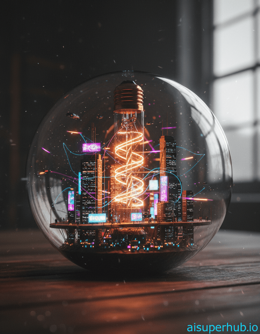 Create a hyper-realistic macro photograph depicting a miniature bustling cyberpunk city encased within a clear glass lightbulb for the 3D holograms. The intricate city sprawls across the internal filaments and base of the bulb, with tiny neon-lit skyscrapers and flying vehicles zipping between them. A microscopic network of power lines glows faintly, connecting various districts within this self-contained urban ecosystem. Details to include: Tiny holographic advertisements flickering on skyscraper sides, minute figures scurrying across impossibly small bridges, micro-drones hovering near the bulb's inner glass, intricate wiring resembling roads, and the delicate glowing filament acting as a central power core. The lightbulb itself rests on a weathered, dark wooden tabletop, casting a soft, diffuse glow onto the surface. Subtle dust motes float around the bulb, catching the ambient light, emphasizing the enormous scale difference. A faint reflection of a blurred window can be seen on the bulb's outer surface, hinting at a much larger, unseen world beyond. The lighting is predominantly dramatic and high-contrast, with sharp, vibrant neon glows emanating from within the city juxtaposed against the soft, warm practical light of the lightbulb's filament. This creates a sense of wonder and intricate beauty, highlighting the fantastical miniature world. The color palette is dominated by deep blues, electric purples, vibrant fuchsia, and searing oranges for the city lights, contrasted with the warm amber of the filament and the muted, earthy tones of the wooden background. The mood is one of awe, technological marvel, and a slightly melancholic sense of containment. Photorealistic, hyper-detailed, cyberpunk aesthetic, macro photography, diorama, intricate miniature, volumetric lighting, cinematic, 8K, extreme depth of field. Overlay text: 'aisuperhub.io'