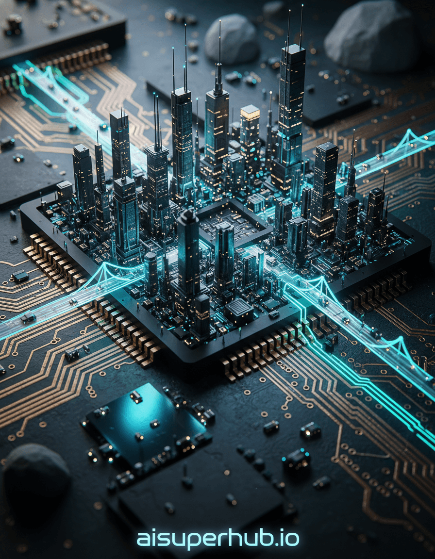 Create a hyper-realistic macro photograph depicting a bustling futuristic city built entirely within the microscopic landscape of a silicon microchip for the Macro art. This intricate metropolis sprawls across the chip's metallic pathways and silicon valleys, with miniature skyscrapers crafted from repurposed transistors and resistors, connected by glowing fiber-optic bridges. Tiny vehicles, resembling luminous dust motes, navigate the complex grid of conductive traces, indicating a vibrant, advanced society. Details to include: Fluorescent energy conduits running along copper traces. Ant-sized humanoid figures working or commuting on the chip's surface. Gleaming data towers fashioned from stacked micro-capacitors. A miniature "data lake" reflecting the city lights, made from a polished silicon substrate. Overlay text at the bottom: 'aisuperhub.io'. The immediate environment is dominated by the stark, geometric beauty of the microchip itself, with its perfectly aligned components, etched pathways, and tiny solder points transformed into architectural features and natural terrain. Beyond the main city, the surrounding areas of the chip show undeveloped regions, suggesting expansion possibilities, with stray dust particles appearing as colossal boulders. The texture of the silicon substrate should be clearly visible, acting as the very ground of this miniature world. The scene is bathed in a soft, ethereal glow emanating from the city's internal structures and the subtle luminescence of the chip's active processes, creating a sense of wonder and technological marvel. Strategic, focused spotlights from tiny lampposts illuminate key areas, casting long, sharp shadows that emphasize the scale and depth, evoking a feeling of futuristic mystery. A palette dominated by cool blues, electric greens, and deep purples, accented by the warm glow of gold and copper traces, with stark contrasts provided by the dark silicon and bright, crystalline light sources. Awe-inspiring and complex, conveying the immense possibility and hidden beauty within the smallest technological marvels. Macro photography, hyper-detailed, cyberpunk miniature, photorealistic, intricate, highly textured, high-resolution, sci-fi art, visionary.