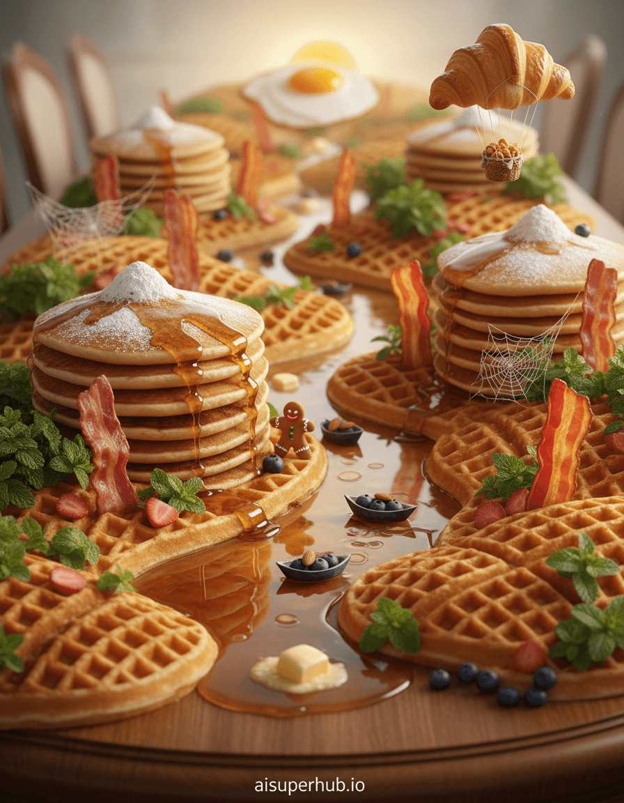 Create a hyper-realistic panoramic photograph depicting a majestic breakfast landscape. A vast, sprawling landscape where towering pancakes form majestic mountain ranges, their fluffy peaks dusted with powdered sugar snow. Rivers of glistening maple syrup cascade down the slopes, pooling into reflective lakes of melted butter. Golden-brown waffles create intricate canyon systems and terraced fields, while crispy bacon strips stand like ancient rock formations. Details to include: A tiny adventurer, a candied gingerbread man, scaling a pancake cliff. Miniature boats made of blueberry halves floating on a maple syrup river. A forest of mint leaves and thinly sliced strawberries serving as lush vegetation. A hot air balloon made from a puffed croissant, drifting over the scene. A delicate spiderweb spun from spun sugar between two bacon strips. The vast culinary world extends to a soft-focus background, hinting at more delicious topography. A distant 'sun' made of a perfectly fried egg yolk casts a warm glow, subtly illuminating the horizon. The setting suggests an infinite edible world, meticulously crafted and inviting exploration, all contained within the frame of a large, elegant wooden dining table. Soft, warm morning light, akin to a sunrise, filters across the scene, creating long, inviting shadows and highlighting the intricate textures of the food. The lighting evokes a sense of awe and comfort, emphasizing inviting warmth. Color palette: Rich golden browns, warm yellows, amber, deep reds from berries, creamy whites, and vibrant greens from mint. Predominantly warm and appetizing. Mood/atmosphere: Whimsical, grand, and utterly mouth-watering, inspiring wonder and hunger. Style summary: Macro photography, epic fantasy landscape, trompe l'oeil, hyper-realistic food styling, cinematic quality, high detail, shallow depth of field, studio lighting, advertising photography. Add overlay text 'aisuperhub.io' at the bottom.