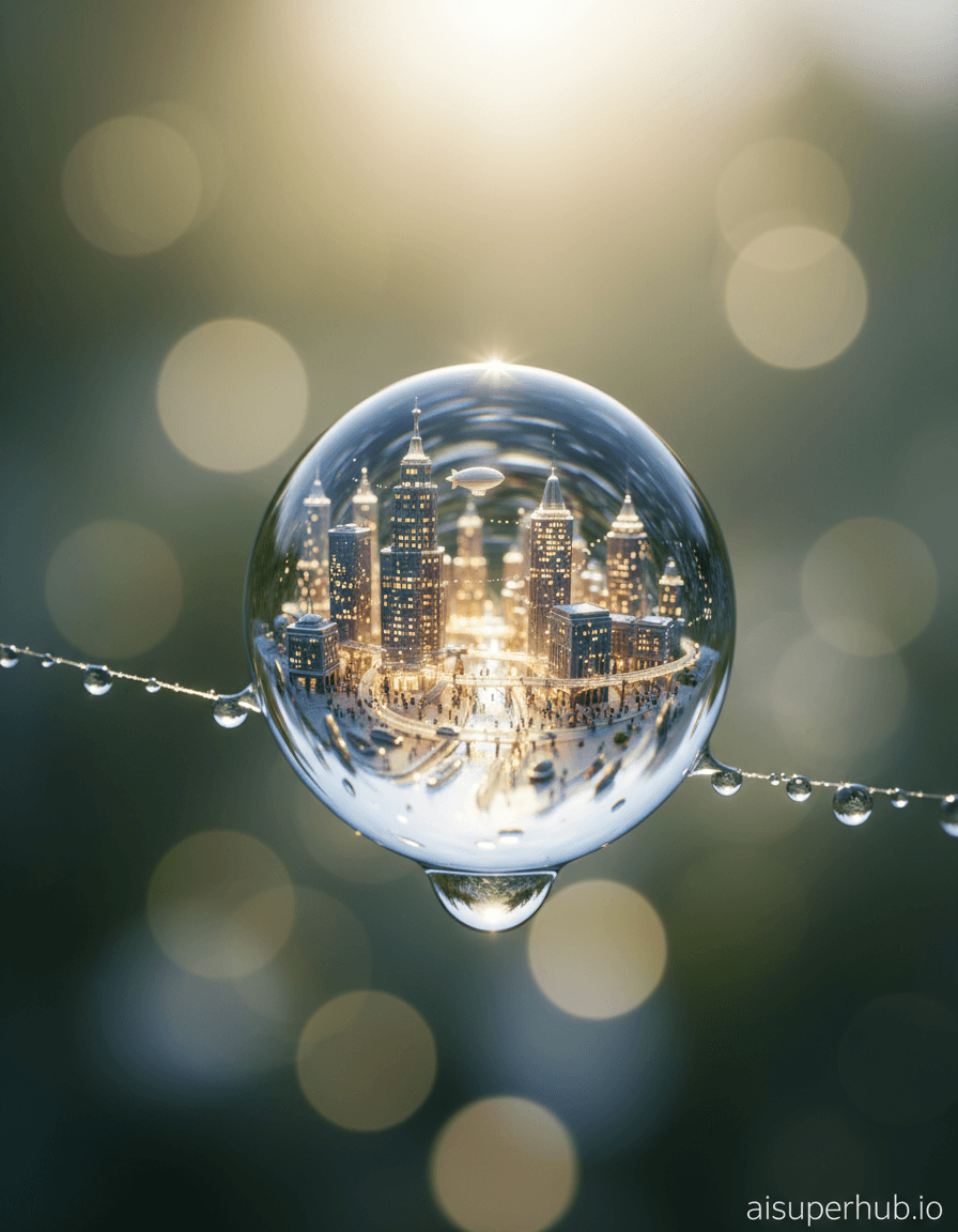 Create a hyper-realistic macro photograph depicting a miniature bustling cityscape contained within a single dewdrop perched on a spiderweb for the Product shots. The central dewdrop, shimmering with internal light, holds an intricate network of impossibly small, illuminated buildings and winding streets, teeming with microscopic activity. Tiny vehicles and figures move through the translucent liquid, creating a vibrant metropolis. Details to include: microscopic skyscrapers with glowing windows, delicate bridges spanning miniature canals, a tiny blimp hovering over the 'city', minuscule pedestrians on translucent sidewalks, and the intricate reflection of the scene within the dewdrop's surface. The dewdrop rests precariously on an exquisitely detailed strand of spiderweb, each silken fiber rendered with clarity. The background is a deeply blurred, verdant garden at dawn, emphasizing the extreme macro perspective and the world contained within. Soft, ethereal backlighting suggests the first rays of morning sun catching the dewdrop, causing it to glow with internal, warm luminescence. This creates a sense of wonder, fragility, and secret vibrancy. The color palette is dominated by iridescent blues, soft golds, and pearlescent whites within the dewdrop, contrasting with the muted, desaturated greens and bokeh-rich pastels of the distant background. The mood is one of breathtaking awe and delicate fantasy, inviting viewers to lean in and discover a hidden world. Style: Ultra-macro photography, hyper-detailed, photorealistic, intricate miniature art, dreamlike realism, high-resolution, volumetric lighting. Add a subtle overlay text at the bottom right: 'aisuperhub.io'.