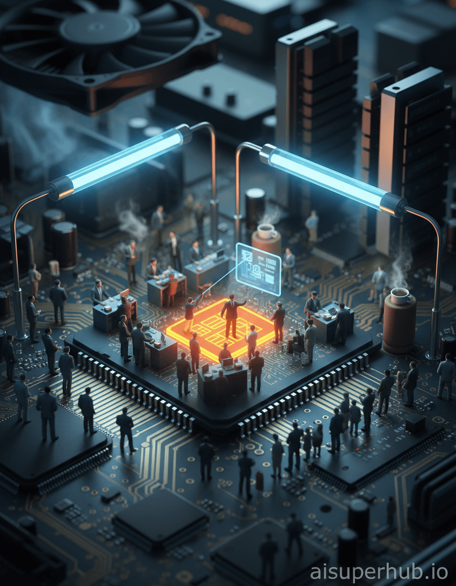 Create a hyper-realistic macro photograph depicting a bustling office scene entirely contained within the intricate circuits of a computer chip for the Work life shots. Miniature business professionals in suits and dresses navigate the silicon valleys and copper pathways of a microchip, using transistors as desks and data lines as bustling corridors. They are actively engaged in tiny meetings, typing on minuscule keyboards, and collaborating on projects, completely unaware of their microscopic existence within the digital landscape. Details to include: A tiny executive standing on a glowing data bus, giving a presentation to a group gathered around a capacitor; Microscopic coffee cups balanced precariously on the edge of a resistor, emitting faint wisps of steam; A cluster of tiny 'commuters' waiting at a 'bus stop' made from a row of microscopic solder points; Fluorescent light tubes made from optical fibers illuminating the 'office space'; A transparent overlay text at the bottom displaying "aisuperhub.io". The sprawling, metallic-gold and deep-green landscape of a magnified computer motherboard serves as the environment, with various components like RAM sticks forming towering 'skyscrapers' and CPU fan blades creating an artificial breeze above the 'office'. The background is slightly blurred, emphasizing the sharp focus on the chip's intricate details. Intense, ultra-fine macro lighting, with a cool, clinical glow emanating from within the chip's pathways, is mixed with softer, warm desk lamp-like illumination highlighting individual worker areas, creating a sense of focused activity and industrious purpose. The color palette features predominantly cool blues and greens of circuit boards, sharply contrasted with metallic golds, silvers, and coppers of the chip, accented by subtle, warm human skin tones and office supply colors. The mood is one of organized chaos and microscopic ambition, tinged with a touch of whimsical wonder. Style: Hyper-realistic macro photography, sci-fi miniature, detailed render, digital surrealism, trompe l'oeil, high resolution, award-winning concept art.