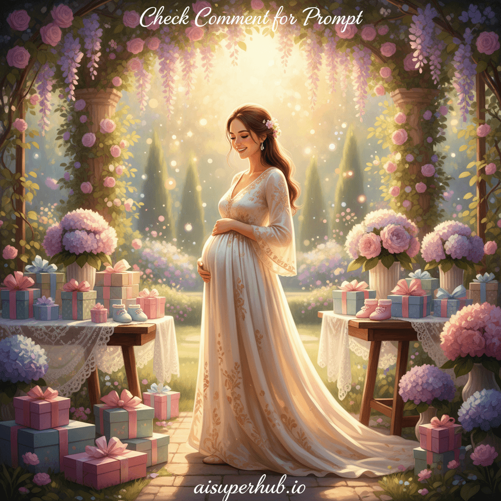 A breathtaking, dreamy photorealistic digital painting of a joyful baby shower, featuring a radiant expectant mother at the center, gently cradling her belly, surrounded by a whimsical array of pastel-colored gifts, delicate tiny booties, and blooming hydrangeas and peonies. The scene is set in a sun-drenched, elegant garden party with soft bokeh lights in the background, creating an ethereal atmosphere. Medium shot, eye-level, slightly wide-angle composition, shallow depth of field, with soft, warm volumetric golden hour lighting and iridescent highlights. A harmonious color palette of pastel pinks, baby blues, mint greens, lavender, cream, and subtle gold accents. Hyperrealistic, hyperdetailed, octane render, 8k resolution, cinematic, masterpiece, trending on ArtStation, award-winning photography, with a subtle overlay text 'Check Comment for Prompt' elegantly integrated at the top, and 'aisuperhub.io' at the bottom.