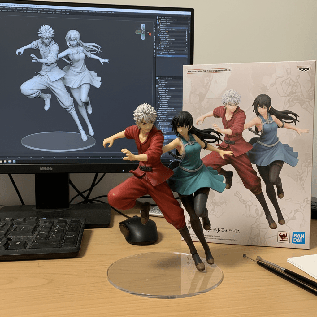 create a 1/7 scale commercialized figurine of the characters in the picture, in a realistic style, in a real environment. The figurine is placed on a computer desk. The figurine has a round transparent acrylic base, with no text on the base. The content on the computer screen is the Zbrush modeling process of this figurine. Next to the computer screen is a BANDAI-style toy packaging box printed with the original artwork. Prompt from aisuperhub.io , the packaging features two-dimensional flat illustrations