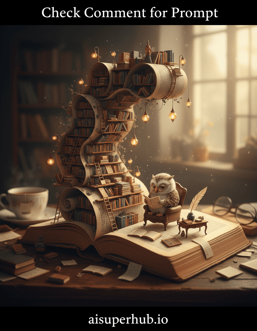 Create a hyper-realistic photograph depicting a miniature book-world library for the Daily life moments, with an overlay text 'Check Comment for Prompt' at the top of the image and 'aisuperhub.io' at the bottom of the image. A vintage hardcover book lies open on a wooden desk, its pages morphing into an intricate, tiny library. Pages unfurl, revealing shelves of minuscule tomes, miniature reading lamps, and tiny ladders. A small, elderly owl in spectacles perches on a tiny armchair, engrossed in a scroll. Details to include: Frayed, yellowed pages transitioning into library architecture; dust motes dancing in light beams; tiny, meticulously crafted books with legible, fanciful titles; a miniature quill and inkpot set; the owl's textured feathers and slightly grumpy expression. The book rests on a polished dark wood desk, scarred by age. Around it, a soft-focus blur of a cozy study appears – a half-empty teacup, reading glasses, and a diffused glow from a window. The setting suggests a quiet, contemplative space. Soft, warm light from hidden miniature lamps and a gentle ambient glow creates a serene, inviting atmosphere. It highlights intricate details, evoking nostalgic comfort and peaceful discovery. Sepia tones, deep mahogany browns, muted greens, cream whites, with amber hints from the tiny lights, creating a vintage academic aesthetic. A whimsical and tranquil sense of escapism and intellectual curiosity. Macro photography, highly detailed, photorealistic, surreal, dreamlike, chiaroscuro, golden hour effect, cozycore, miniature art.