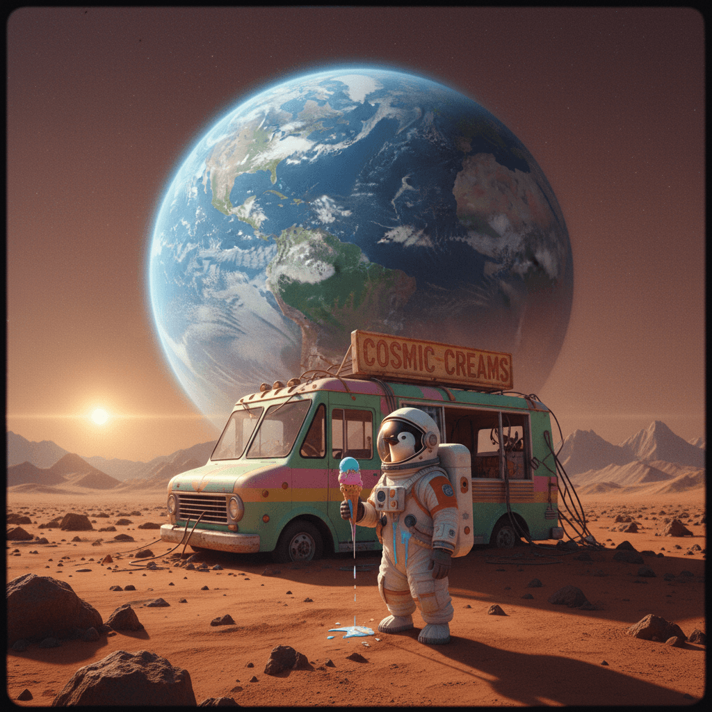 A dramatic cinematic still featuring a penguin wearing a spacesuit, standing on the desolate surface of Mars. In the background, a crashed ice cream truck lies abandoned, its colorful pastels contrasting starkly with the rusty red landscape. The penguin holds a melting ice cream cone in one flipper and gazes towards a distant, impossibly large Earth hanging in the Martian sky. The scene is lit with the harsh, unforgiving light of the Martian sun, casting long, dramatic shadows. The camera is positioned at a low angle, emphasizing the penguin's smallness against the vastness of space. The image is hyperrealistic, with every detail of the spacesuit and the Martian landscape rendered in stunning clarity. The mood is both humorous and poignant, a testament to the absurdity and wonder of space exploration.