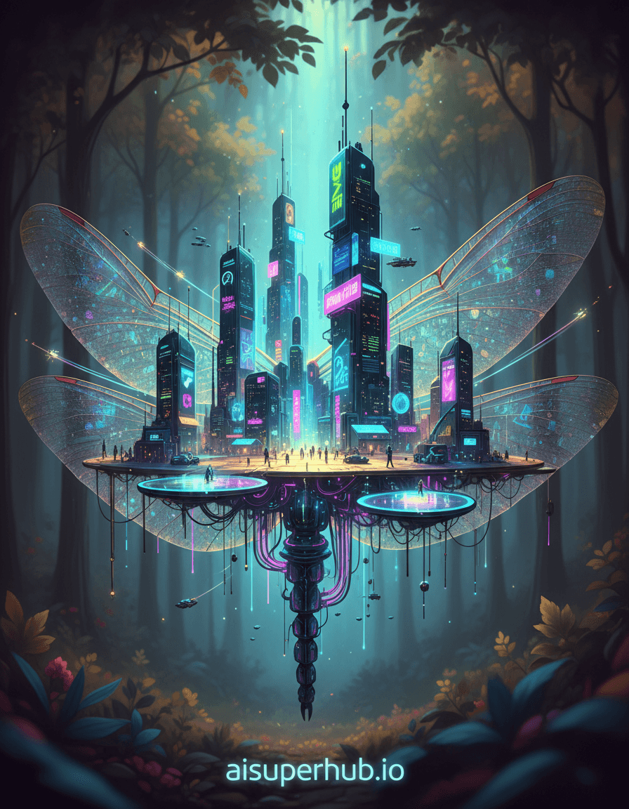 Create a hyper-realistic digital painting depicting a bustling cyberpunk metropolis intricately built within the delicate structures of a single, iridescent dragonfly wing for the Vintage edits. The intricate veins of the dragonfly wing form glowing neon avenues and towering holographic skyscrapers. Tiny, futuristic vehicles with bioluminescent trails zip along these pathways, while miniature humanoid figures, no bigger than dust motes, can be seen bustling about their daily lives amidst the translucent architecture. The entire city pulses with an electric, alien energy, contained within the natural, fragile beauty of the insect's anatomy. Details to include: Micro-scale advertisements projected onto the wing's membranes, Tiny flying drones navigating between vein-structures, Reflective puddles of iridescent liquid acting as city squares, Intricate, glowing power conduits following the wing's natural contours, A miniscule, almost imperceptible airship docking at a major vein intersection. The dragonfly wing itself is suspended against a dramatically blurred, ethereal forest backdrop, suggesting its colossal scale relative to the miniature world it hosts. Soft, diffused light from an unseen celestial body filters through the leaves, casting gentle shadows and highlighting the wing's natural textures. The edges of the wing show slight wear, adding to its authentic, organic feel, contrasting with the artificial complexity of the city. The lighting is a dramatic interplay of neon luminescence from the cityscape and soft, diffused natural light filtering from above, creating a mystical and slightly melancholic glow. Streaks of electric blues, purples, and vibrant greens emanate from the city, while subtle amber and teal hues highlight the wing's natural iridescence. The overall effect is an awe-inspiring, otherworldly illumination that evokes wonder and a hint of nostalgic futurism. Color palette specification: Predominantly deep purples, electric blues, neon greens, and hot pinks for the city, contrasted with muted greens, earthy browns, and iridescent opalescent tones for the dragonfly wing. Subtle warm golds and soft silvers will accent the reflections. Mood/atmosphere: A breathtaking sense of intricate wonder, delicate power, and an impossible fusion of nature and technology. Style summary: Photorealistic, macro photography, cyberpunk art, bioluminescent, detailed, intricate, dreamlike, vintage sci-fi, digital painting, epic scale contrast, with overlay text at the bottom 'aisuperhub.io'
