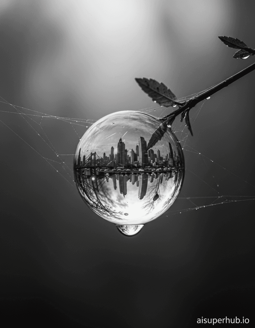 Create a hyper-realistic macro photograph depicting an entire bustling metropolis contained within a single, perfectly spherical raindrop, delicately perched on a spider's silk for the Black and white photography. Intricate skyscrapers, bridges, and vehicles are visible, warped by the droplet's curvature. The taut surface tension holds this impossible, microscopic world. Details to include: Microscopic ripples on the water's inner surface, indicating tiny currents. Barely perceptible airplane contrail within the liquid sphere. External reflections (blurred leaf, twig) visible on the droplet's exterior. Gossamer spider silk strands supporting the drop. Subtle optical distortions to the city's architecture. The raindrop hangs suspended in soft, misty air against an extremely blurred background of a dark, wet forest canopy at predawn. Surroundings are out of focus, directing all attention to the impossibly sharp droplet. Residual mist lends an ethereal quality. Dramatic, high-key backlighting casts stark contrasts, emphasizing the droplet's transparency and the city's intricate silhouettes. Soft, diffused light emanates from the "city" within, creating subtle internal glows. This illumination evokes awe and fragile wonder. A monochrome palette with rich, deep blacks, stark whites, and a full range of nuanced greys is essential, focusing on chiaroscuro and atmospheric depth. Awe-inspiring, fragile, and hyper-realistic, evoking a sense of profound wonder and delicate existence. Hyper-detailed macro photography, fine art, trompe l'oeil, magical realism, surrealism, sharp focus, high dynamic range, overlay text 'aisuperhub.io'.