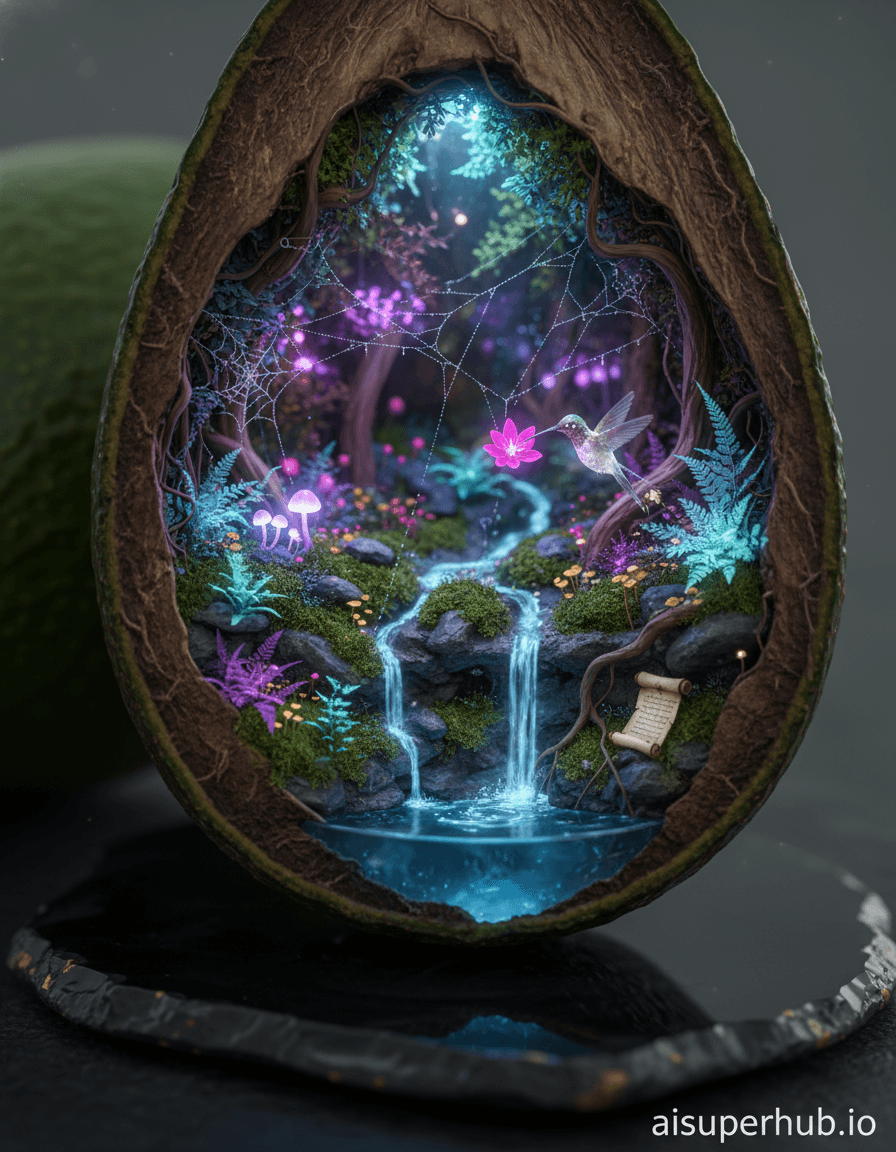 Create a hyper-realistic macro photograph depicting a miniature enchanted forest thriving within a hollowed-out avocado pit for the Cinematic color grading. A vibrant, self-sustaining ecosystem of tiny, glowing fungi and delicate, phosphorescent ferns sprouts from the dark, textured interior of the avocado pit. Microscopic streams flow between miniature moss-covered rocks, disappearing into unseen crevices, hinting at a hidden world. Details to include: bioluminescent mushrooms emitting soft purple light, intricate spiderwebs glistening with dew drops, a tiny, almost invisible hummingbird sipping nectar from a glowing flower, a miniature waterfall cascading into a crystal-clear pool, a tiny, ancient-looking scroll hidden beneath a root. The avocado pit itself is meticulously detailed, showing the natural grain and slight imperfections of its surface, resting on a smooth, dark obsidian surface that reflects the subtle glow from within the pit. The outer flesh of the avocado, still clinging to one side, provides a contrasting, muted green backdrop, hinting at the larger fruit it once belonged to. Soft, ethereal subsurface scattering lighting illuminates the miniature forest from within, creating a magical glow that emphasizes the delicate translucency of the flora and fauna. Ambient rim lighting subtly separates the pit from the background, evoking wonder and a sense of hidden magic. Predominantly lush greens, deep earthy browns, vibrant purples and blues from the bioluminescence, with subtle hints of magenta and gold. A fantastical, serene, and awe-inspiring atmosphere of secret life and miniature wonders. Hyper-realistic macro photography, intricate detail, fantasy art, volumetric lighting, unreal engine 5, octane render, 8k. Overlay text 'aisuperhub.io' at the bottom.