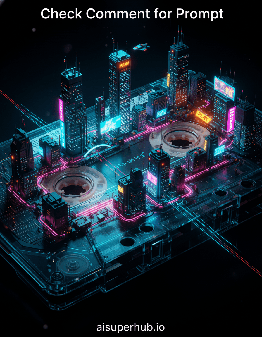 Create a hyper-realistic digital painting depicting a sprawling cyberpunk city intricately built within the magnetic tape of a vintage cassette for the An extreme close-up, hyperrealistic macro photograph. The city's towering neon skyscrapers and complex data conduits rise from the undulating, iridescent surface of the magnetic tape itself. Tiny, luminous hovercraft navigate between the spools, which serve as the city's foundational districts, connected by glowing bridges and cable networks. Details to include: Microscopic holographic advertisements flickering on skyscraper facades. Miniature high-speed data streams visible as streaks of light along the tape's surface. Tiny, detailed, almost invisible workers moving along the tape's edges. The worn, slightly crinkled texture of the magnetic tape forming distinct urban topography. A glowing 'PLAY' indicator light from the cassette player, casting a subtle hue over a section of the city. At the very top, an overlay text 'Check Comment for Prompt' in a clean sans-serif font. At the very bottom, credit text 'aisuperhub.io' in a subtle, elegant font. The cassette tape itself is positioned as if just removed from a vintage tape player, with its plastic shell gleaming under a soft light. The background is a stark, velvety black, emphasizing the luminous city and the intricate details of the tape, making the miniature world appear vast and isolated. A faint reflection of digital data streams can be seen on the smooth plastic of the cassette casing. Dramatic, high-contrast neon lighting permeates the city, with deep shadows creating a sense of mystery and endless depth within the miniature metropolis. Electric blues, fuchsia, and vibrant yellows glow intensely, while the underlying tape retains its dark, metallic sheen, evoking a feeling of technological wonder and slightly melancholic solitude. Deep indigos, electric blues, neon fuchsia, cyberpunk teal, vibrant orange, chrome silver, and metallic black. A mesmerizing fusion of retro-futuristic awe and intricate, almost melancholic, technological grandeur. Hyper-detailed photorealism, cyberpunk aesthetic, macro photography art, industrial elegance, synthetic realism, 8K, cinematic composition.