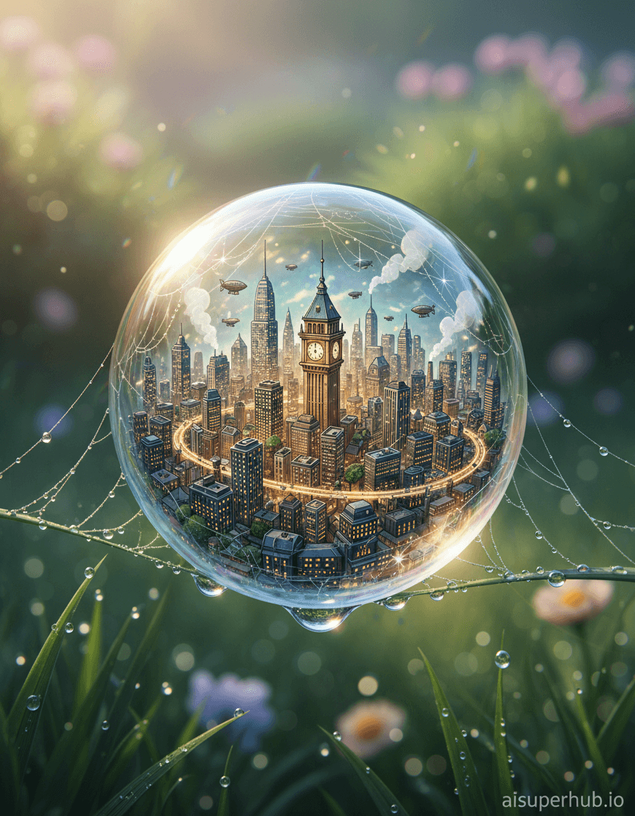 Create a hyper-realistic macro photograph depicting a bustling miniature city encapsulated within a single, perfect dewdrop clinging to a spider's web for a highly detailed, hand-drawn, technical illustration.Within the shimmering dewdrop, a tiny metropolis thrives, its structures and roads meticulously laid out. Microscopic vehicles traverse pathways, and faint wisps of industry rise from minuscule chimneys, revealing a vibrant, hidden world.Details to include: Tiny glowing skyscraper windows; pollen-sized airships; intricate roads with microscopic traffic; a grand, illuminated clock tower; refracted spider web strands on the dewdrop's surface.The dewdrop is suspended on a delicate spider's web, taut between two grass blades. Background: softly blurred morning garden—vibrant greens, distant blossoms, glimmering dewdrops, creating ethereal bokeh.Soft, warm early morning sunlight refracts through the dewdrop, casting iridescent spectral hues. Lighting evokes wonder, magic, and serenity, making the impossible tangible.Translucent blues, greens, opalescent whites within the dewdrop, contrasting with vibrant emeralds and earthy tones. Warm golden light emanates from the city.Breathtaking, delicate, awe-inspiring sense of a hidden, thriving world on brink of perception, imbued with majesty.Photorealistic, fantastical realism, hyperdetailed, micro-surrealism, ethereal, intricate, cinematic, dreamlike. Include subtle, elegant overlay text at the bottom right corner: 'aisuperhub.io'.