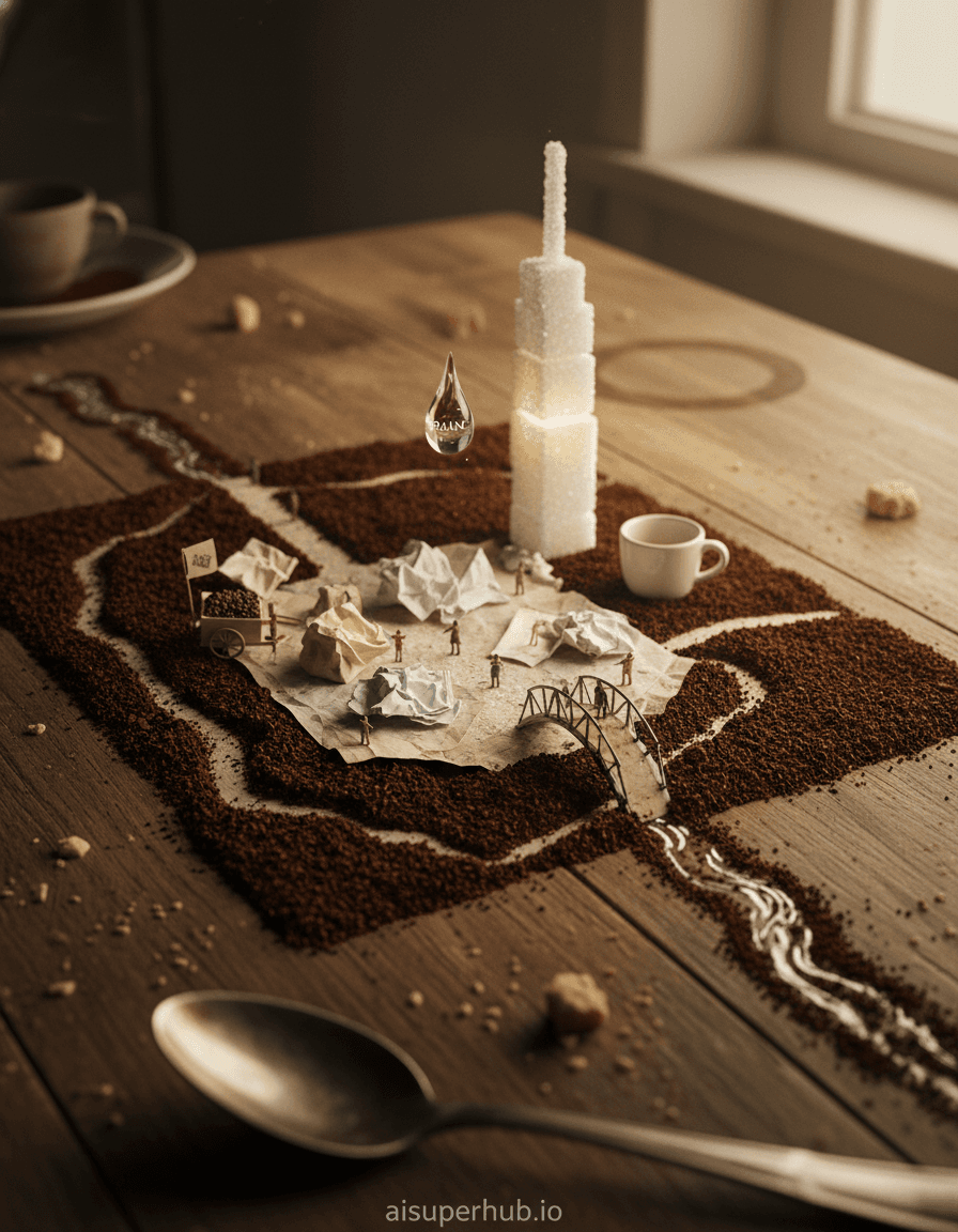 Create a hyper-realistic photograph depicting a bustling miniature city built entirely from discarded coffee grounds and sugar packets for the Daily life moments. This intricate urban landscape teems with minuscule life; tiny figures from coffee bean shards navigate granular streets, a crumpled sugar packet forming a market plaza.Details to include: A glowing skyscraper of stacked sugar cubes and a miniature coffee cup. Figures cross a twisted paperclip bridge over a spilled coffee river. A suspended water droplet signaling 'rain' over a dissolving sugar cube. A tea bag vendor's cart displaying chocolate sprinkles.This micro-metropolis rests on a worn wooden kitchen table. Subtle grain and out-of-focus mug stains hint at a giant human world. Nearby, stray breadcrumbs and a tarnished silver spoon emphasize scale contrast.Warm, golden hour light filters from an unseen window, bathing the scene in a soft glow. It casts long shadows, highlighting textures, evoking wonder and nostalgia.The color palette features rich browns, deep sepia, creamy off-whites, and subtle pastels from sugar packets, contrasted with deep blacks and glinting metal.The mood is whimsical, contemplative, and melancholic, inviting appreciation for hidden beauty in overlooked daily remnants.Style summary: Hyper-realistic macro photography, dreamlike, trompe l'oeil, high detail, sharp focus, extremely shallow depth of field, cinematic, photorealistic.Overlay text: aisuperhub.io