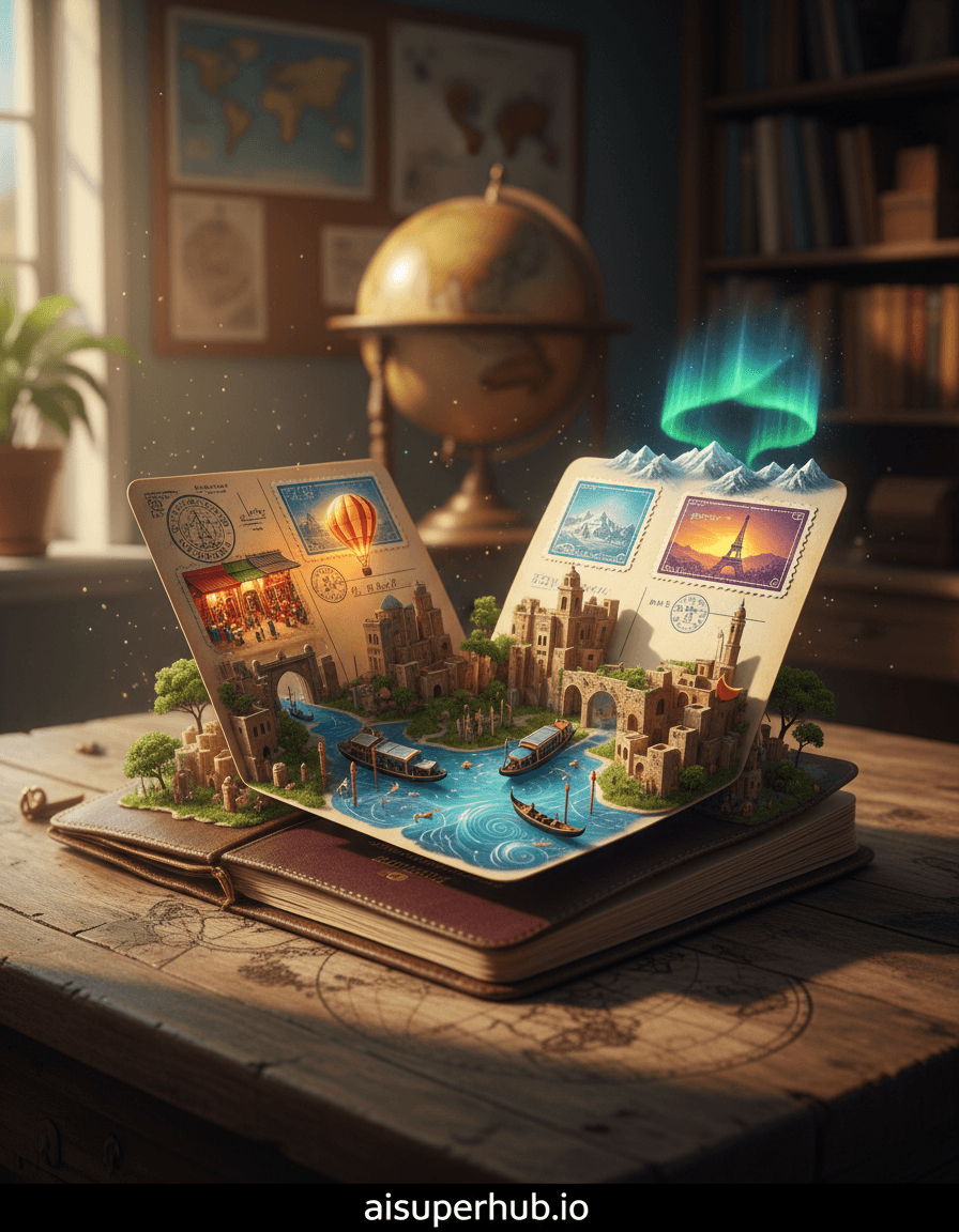 Create a hyper-realistic panoramic photograph depicting an antique passport transformed into a miniature, unfolding landscape of cherished travel memories. The passport lies open on a rustic wooden table, its pages curving into rolling hills, ancient cityscapes, and vast oceans. Each stamp and visa within has blossomed into a tiny, intricate scene – a bustling Moroccan souk, serene Venetian canals, and the majestic Eiffel Tower silhouette, all seamlessly integrated. Details to include: a miniature glowing hot air balloon; shimmering holographic fish in a visa stamp ocean; microscopic fingerprints reflecting a golden sunset; an ethereal aurora borealis over a white polar page; an intricate world map faintly etched into the wooden table. A subtly out-of-focus backdrop hints at a cozy, sunlit study with vintage travel maps and an antique globe. Dust motes dance in golden light, enhancing the feeling of preserved memories. The passport rests on worn, dark oak, hinting at countless stories. Golden hour light streams from a window, casting dramatic shadows and highlighting intricate textures. This warm, nostalgic lighting evokes peaceful reflection and joyful remembrance. Rich earth tones, deep blues, and vibrant greens for landscapes, contrasted with soft golden and amber hues, featuring subtle pops of jewel tones. Whimsical, nostalgic, and deeply personal, inviting contemplation and wonder. Hyper-realistic, trompe l'oeil, magical realism, diorama photography, detailed miniature art, dreamlike, with overlay text at the bottom: 'aisuperhub.io'.