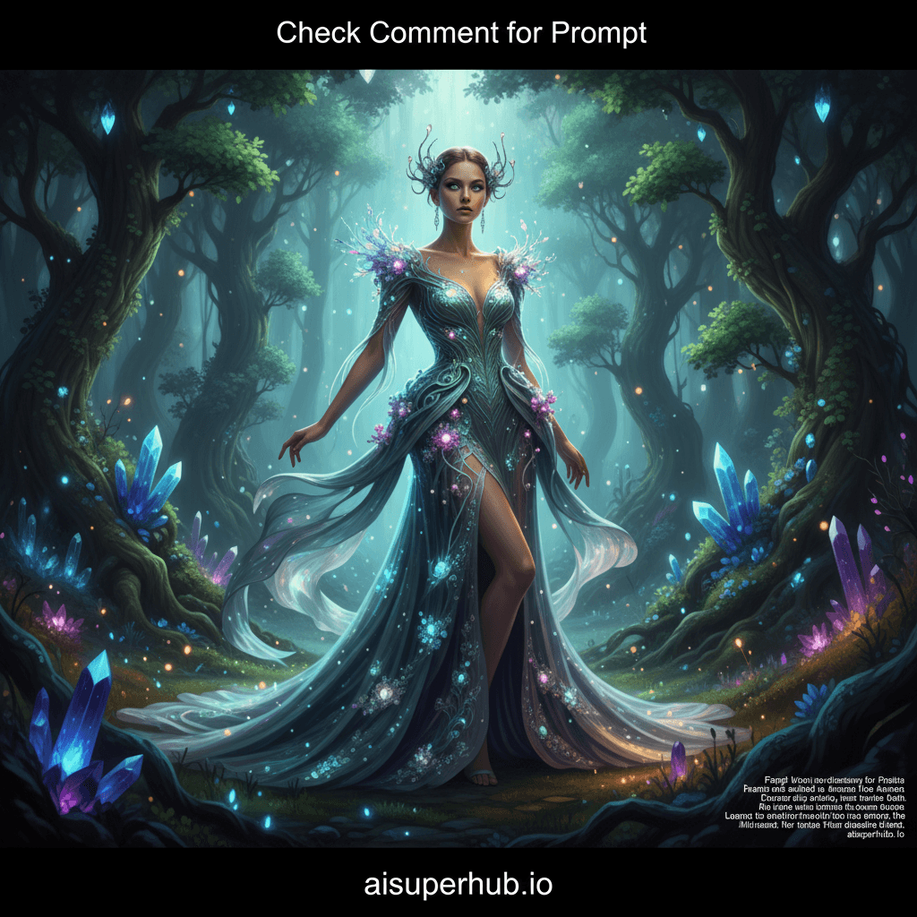 Create a hyper-realistic fashion photography editorial depicting an avant-garde outfit photoshoot. A supermodel elegantly showcases an extraordinary gown, a living organism subtly shifting and glowing. The fabric flows and undulates as if breathing, covered in intricate, organic patterns emitting ethereal light. The model's dynamic yet elegant pose emphasizes the garment's fluid nature. Details to include: The gown's material appears interwoven with delicate, pulsating bioluminescent tendrils; Intricate, fractal-like patterns resembling moss or coral bloom across the fabric; The model's serene, contemplative expression highlights nature and fashion fusion; Subtle, iridescent dew drops cling to the garment, reflecting ambient light; The garment reacts to movements, creating a mesmerizing, organic flow. The photoshoot occurs within a monumental, surreal landscape, a classical oil painting brought to life, blending pre-Raphaelite forest with a futuristic bioluminescent cavern. Towering, gnarled trees with glowing leaves cast long shadows, their roots intertwining with luminous crystal formations. Mists of glowing pollen drift lazily, creating a dreamlike haze. The ground beneath is a soft, mossy carpet with shimmering, alien flora, like a fantastical, unexplored planet within a Baroque canvas. The scene is bathed in a soft, diffused, magical twilight, emanating from the bioluminescent elements. Strategic spotlights highlight the model and gown, creating dramatic contrasts. The overall effect is serene wonder and mystical elegance, evoking ancient magic meeting futuristic design. Dominant hues of deep emerald greens, sapphire blues, and amethyst purples contrast with vibrant, glowing accents of electric teal, soft amber, and pearl white from bioluminescence. The model's skin tone is naturally luminous against the rich, dark backdrop. An atmosphere of ethereal enchantment and sophisticated mystery, where fashion transcends mere clothing to become a living work of art. Hyper-realistic, fantasy fashion photography, cinematic, editorial, surrealism, organic futurism, high definition, detailed texture, volumetric lighting, digital painting aesthetic with photorealistic rendering. Add a text overlay at the top of the image: 'Check Comment for Prompt'. Add a text overlay at the bottom of the image: 'aisuperhub.io'. Additionally, display this entire prompt text as a small, discreet overlay on the generated image, ensuring the main focus remains on the visual content.