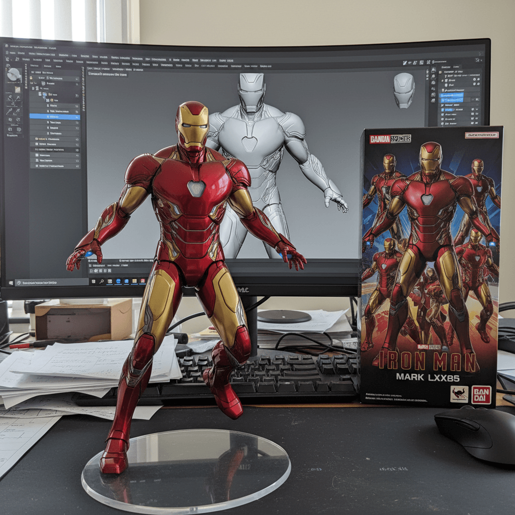 create a 1/7 scale commercialized figurine of the characters of IronMan, in a realistic style, in a real environment. The figurine is placed on a computer desk. The figurine has a round transparent acrylic base, with no text on the base. The content on the computer screen is the Zbrush modeling process of this figurine. Next to the computer screen is a BANDAI-style toy packaging box printed with the original artwork. The packaging features two-dimensional flat illustrations