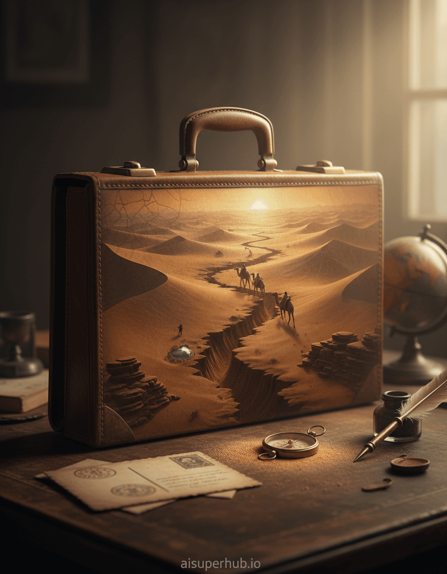 Create a hyper-realistic photograph depicting a miniature ancient desert landscape for the Vintage edits. A venerable, travel-worn leather briefcase, its surface weathered and cracked, spectacularly morphs into an expansive, sun-baked desert. Tiny, intrepid explorers, no larger than grains of sand, trek across the briefcase's textured 'dunes' formed by its creases and scuffs, towards a distant, shimmering mirage on the horizon. Details to include: A miniature caravan of camels, rendered as intricate dust motes, trailing across a 'crease-canyon'. A tiny oasis formed by a polished brass buckle, reflecting a sliver of 'water'. A compass, half-buried in the 'sand' (briefcase texture), pointing towards a 'horizon' formed by the briefcase's edge. Subtle scratches on the leather appearing as ancient rock formations. At the very bottom of the image, subtly rendered as if an old watermark, the text 'aisuperhub.io'. The briefcase lies on a dimly lit, antique wooden desk, its aged surface providing a stark contrast to the vibrant, illusory desert. Scattered around are vintage travel mementos: a sepia-toned postcard, an old quill pen, and a forgotten globe, hinting at a world of grand adventures beyond the miniature scene. The background is softly blurred, keeping the focus entirely on the transformative tableau. Warm, golden hour lighting streams from an unseen window, casting long, dramatic shadows across the miniature desert landscape, enhancing the illusion of depth and vastness. The light has a soft, nostalgic glow, evoking a sense of wonder and timeless exploration. Rich earth tones dominate: deep ochre, burnt sienna, dusty browns, with accents of faded brass and muted greens from the tiny oasis. A profound sense of adventurous wonder and nostalgic contemplation. Macro photography, trompe l'oeil, magical realism, hyper-detailed, cinematic, vintage aesthetic, storytelling.