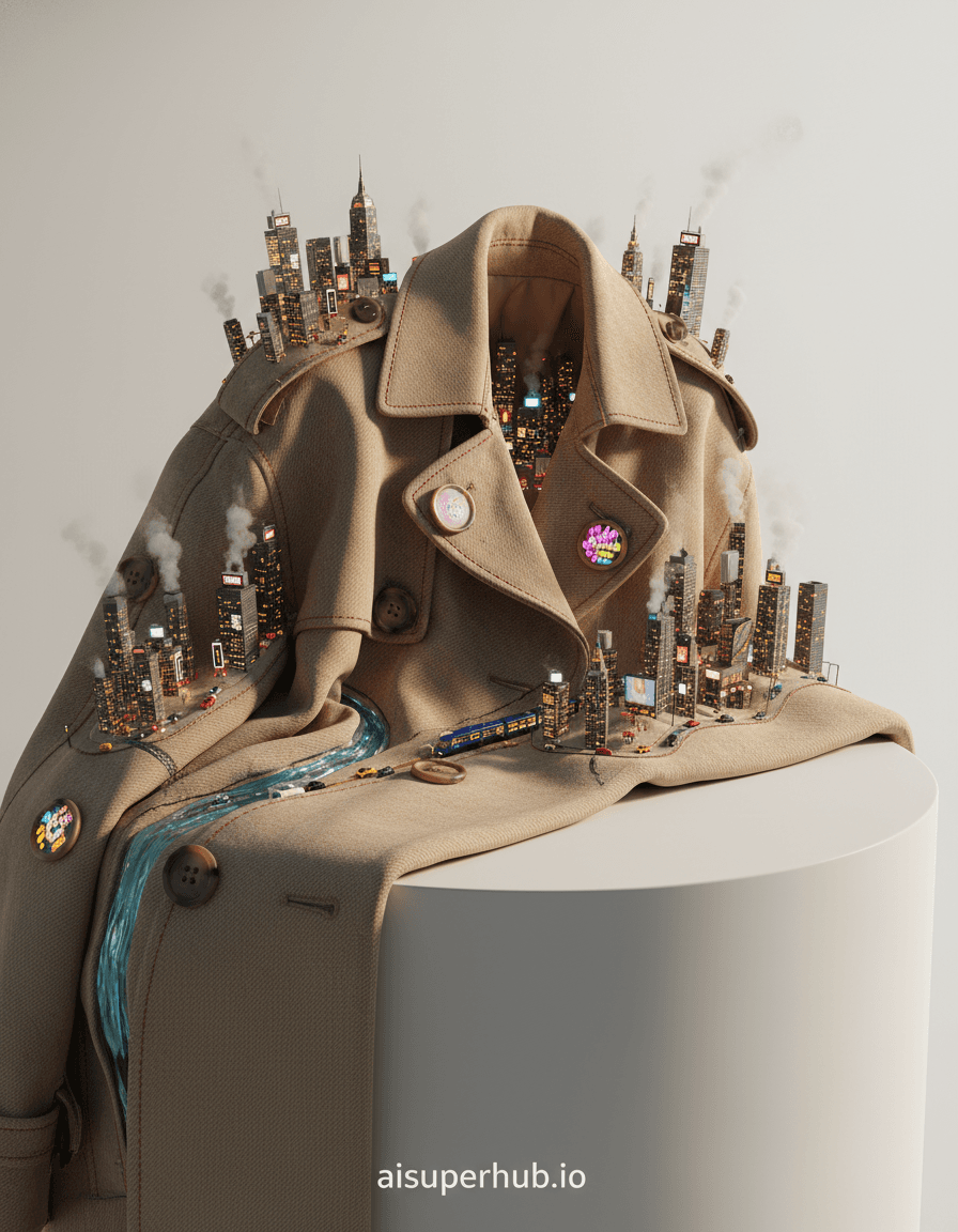 Create a hyper-realistic wide-angle shot depicting a bustling miniature city meticulously crafted within the folds of a classic beige trench coat for the Outfit photoshoot. The trench coat drapes elegantly on a minimalist white pedestal, its fabric transformed into mountainous terrain and valleys. Tiny, glowing windows of skyscrapers emerge from lapels, while miniature vehicles traverse stitched seams as roads. Details to include: Tiny steam from miniature street food vendors, Microscopic ads projected onto coat buttons, A shimmering river along a coat sleeve's crease, A tiny train visible through a buttonhole, Shadows of "cloud" formations from fabric imperfections. The trench coat rests on an infinite white studio backdrop, emphasizing its isolation and the unexpected world. The stark, unfurnished space draws all attention to the garment and its hidden city. Soft, ethereal golden hour lighting filters from an unseen window, casting dramatic shadows, highlighting intricate city details. The light evokes wonder and enchantment, making the impossible seem real. Earthy beige, cream, taupe from the trench coat, contrasted with vibrant, glowing primary and secondary colors from city lights. Awe-inspiring and whimsical, inviting viewers to discover the magic within the mundane. Macro photography, hyper-detailed, surreal realism, trompe l'oeil, magical realism, epic miniature, diorama photography, volumetric lighting, cinestill, high resolution. Overlay text at the bottom 'aisuperhub.io'.