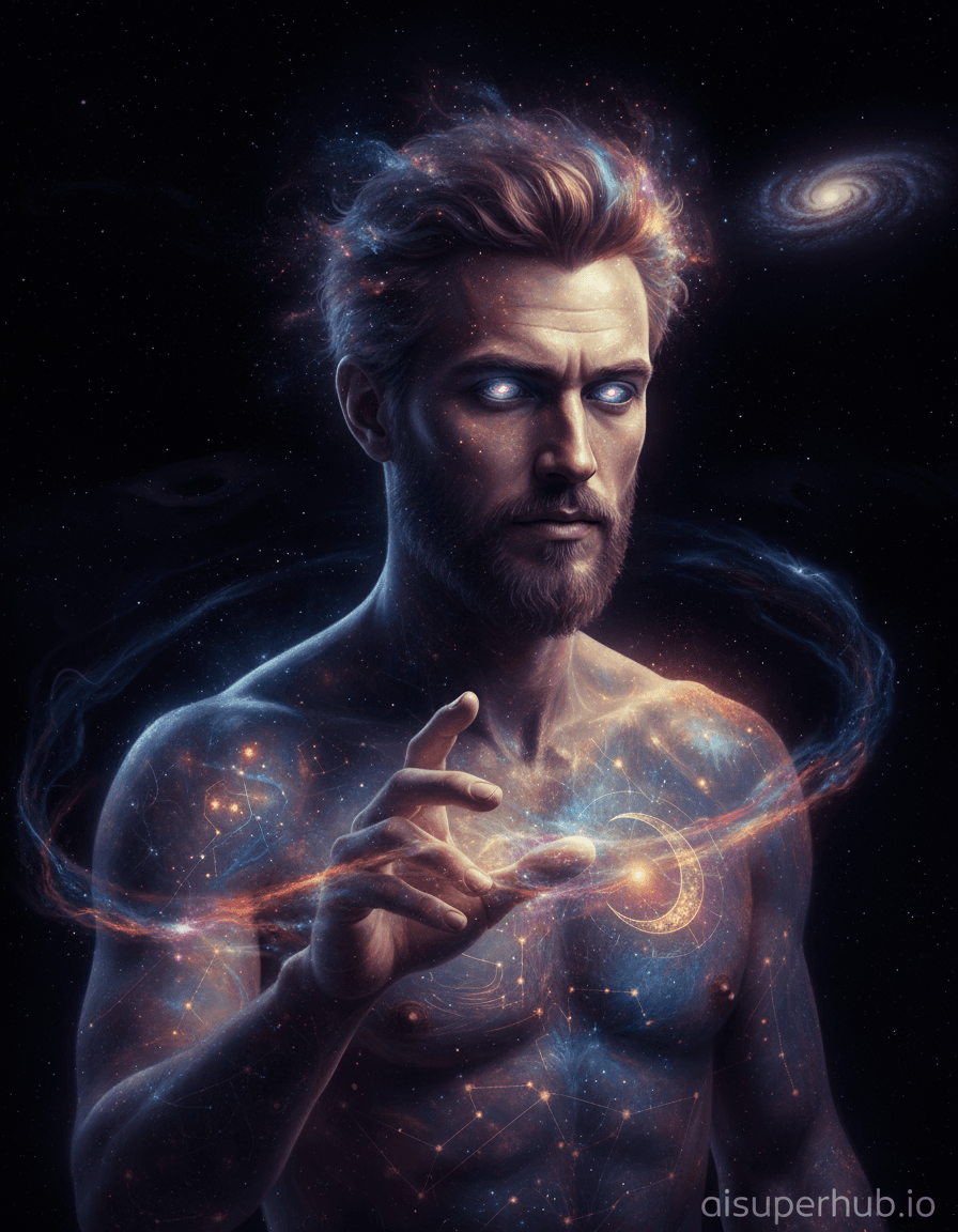 Create a hyper-realistic photographic portrait depicting a man as a living, breathing nebula for the Creative portraits men. His form is composed of swirling cosmic gases, stardust, and luminous stellar remnants, yet his facial features remain distinctly human, albeit infused with ethereal light. One hand reaches slightly forward, trails of nebular matter gracefully following its subtle motion, conveying a dynamic flow of cosmic energy through his being. Details to include: Iridescent cosmic dust swirling within his hair and beard, creating a halo of starlight. Eyes that are tiny, distant galaxies, glowing faintly with ancient light. A faint, ethereal aura of starlight emanating from his translucent skin. Veins appearing as subtle, glowing tendrils of nebular gas beneath the surface. An intricate celestial tattoo that seems to pulse with light on his chest. The man is situated in a profound, inky black cosmic void, studded with countless distant, pinprick stars and a faint, majestic spiral galaxy in the far background. The space around him should feel utterly boundless, emphasizing his cosmic scale and a sense of solitary grandeur. Hints of dark matter or unseen cosmic energies could subtly ripple through the background, adding depth and mystery to the void. Dramatic, ethereal backlighting from unseen celestial bodies casts long, soft shadows and exquisitely highlights the glowing edges of the man's nebular form. The lighting should evoke a sense of awe, wonder, and subtle melancholic grandeur. The color palette features deep purples, cosmic blues, vibrant magentas, subtle oranges, and shimmering golds, all blending seamlessly with the profound blacks of space. An awe-inspiring, contemplative, and profoundly otherworldly mood captures the silent majesty of the cosmos within a human form. Style: Hyper-realistic celestial portrait, cosmic surrealism, photorealistic yet fantastical, epic scale, high-resolution digital painting, ethereal, dramatic chiaroscuro. overlay text 'aisuperhub.io'