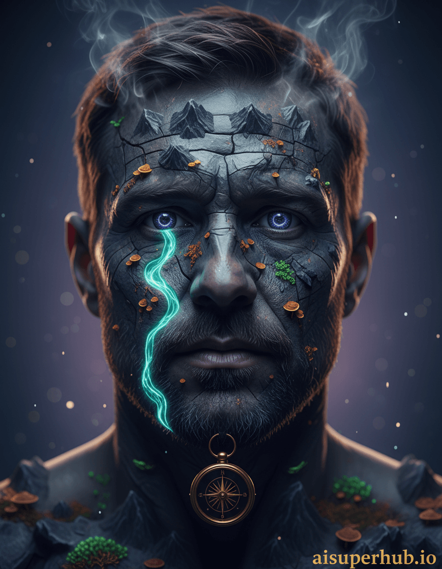 Create a hyper-realistic cinematic portrait photograph depicting a man whose face is an intricate, living topographical map for the Creative portraits men. The man, mid-30s, rugged, thoughtful, looks directly. His skin is ancient, weathered rock; deep crevices form wrinkles, peaks define features. A serene, glowing liquid river flows from one eye, tracing his cheek. Details to include: Luminescent flora blooms in his skin's valleys (moss, bioluminescent fungi). Faint vapor rises from his forehead (geothermal activity). His eyes reflect a distant, starry nebula. Golden compass embedded in his chin. Ethereal, dimly lit studio. Deep indigo to soft violet gradient background suggests twilight/cosmic dust. Distant, out-of-focus celestial bodies glimmer, reinforcing cosmic nature; subject remains the profound focal point. Soft, dramatic chiaroscuro from upper left casts deep shadows, emphasizing topographical contours, evoking ancient wisdom and mystery. A subtle, warm backlight creates a gentle halo, hinting at inner warmth despite his rugged exterior. Cool tones: deep slate grey, obsidian black, shimmering teal, indigo. Contrasted with warm, glowing accents: bioluminescent green, amber, ethereal violet. Profound wonder, introspective solitude, and timeless cosmic connection. Photorealistic, hyper-detailed, surrealism, ethereal, cinematic, high fantasy, fine art portraiture. Overlay text: 'aisuperhub.io'