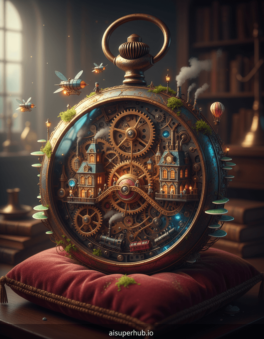 Create a hyper-realistic macro photograph depicting a vibrant, steampunk-inspired miniature city, intricately engineered and bustling with life, built entirely within the colossal, moss-covered gears and springs of an antique pocket watch, for the 3D chibi-style miniature design of a whimsical mechanical wonderland. Tiny airships with glowing engines navigate between the giant cogs, while miniature citizens in Victorian attire cross bridges made of delicate watch hands. Smoke plumes from minuscule factories nestled between ruby jewel bearings, indicating lively industrial activity within this mechanical metropolis. Details to include: Intricately designed micro-buildings with ornate facades, glowing street lamps made from salvaged watch parts, a tiny hot air balloon tethered to a mainspring, a miniature clock tower whose hands actually move, and minuscule steam trains traversing the watch's winding mechanisms. The colossal pocket watch itself, rusted and overgrown with luminous green moss and delicate, bioluminescent fungi, rests on a plush, aged velvet cushion. The metallic surface of the watch casing shows centuries of wear, scratches, and a rich, deep patina, reflecting the faint glow from the city within. Beyond the watch, the background is a softly blurred, dark antique study, hinting at a forgotten, grand scale. Dramatic, warm cinematic lighting emanates from within the miniature city, casting long, dynamic shadows across the gears and springs. A soft, ethereal backlight from an unseen window creates a mystical halo around the entire watch, evoking a sense of ancient wonder and hidden magic. The color palette features rich sepia tones, polished brass and oxidized copper metallics, deep emerald greens from the moss, vibrant ruby reds, and occasional pops of electric blue and orange from the city's industrial lights. A sense of enchanting mystery and bustling ingenuity in a forgotten relic. Ultra-detailed, photorealistic, macro photography, cinematic, steampunk aesthetic, whimsical, fantastical, dreamlike, digital art, high resolution. Add overlay text at the bottom: 'aisuperhub.io'
