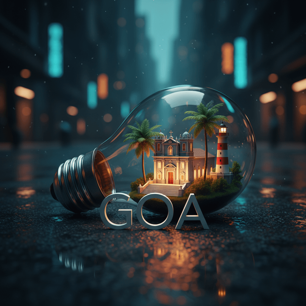 A hyperrealistic and stylish poster depicting a clear glass light bulb lying horizontally on dark, wet urban asphalt. Inside the transparent bulb, a miniature, intricately detailed scene of Goa is beautifully rendered, featuring a warmly lit Baroque-style church with prominent steps, a vibrant green palm tree, and a classic red and white striped lighthouse. In front of the light bulb, the sleek, white 3D text "Goa" stands out prominently, casting subtle shadows on the reflective wet surface. The dark asphalt ground meticulously mirrors the surrounding ambient light and the city's glow. The background showcases a softly blurred cityscape with rich, bokeh-filled neon lights, predominantly in cool blue and teal tones, interspersed with warm orange accents, creating a moody and atmospheric depth. The overall scene is captured with dramatic cinematic lighting, enhanced by volumetric moonlight for profound depth, ultra-sharp details, and a hyperdetailed finish, giving the impression of a high-quality DSLR photograph with a sophisticated, futuristic vibe, masterpiece, 8k, dynamic lighting, moody atmosphere.