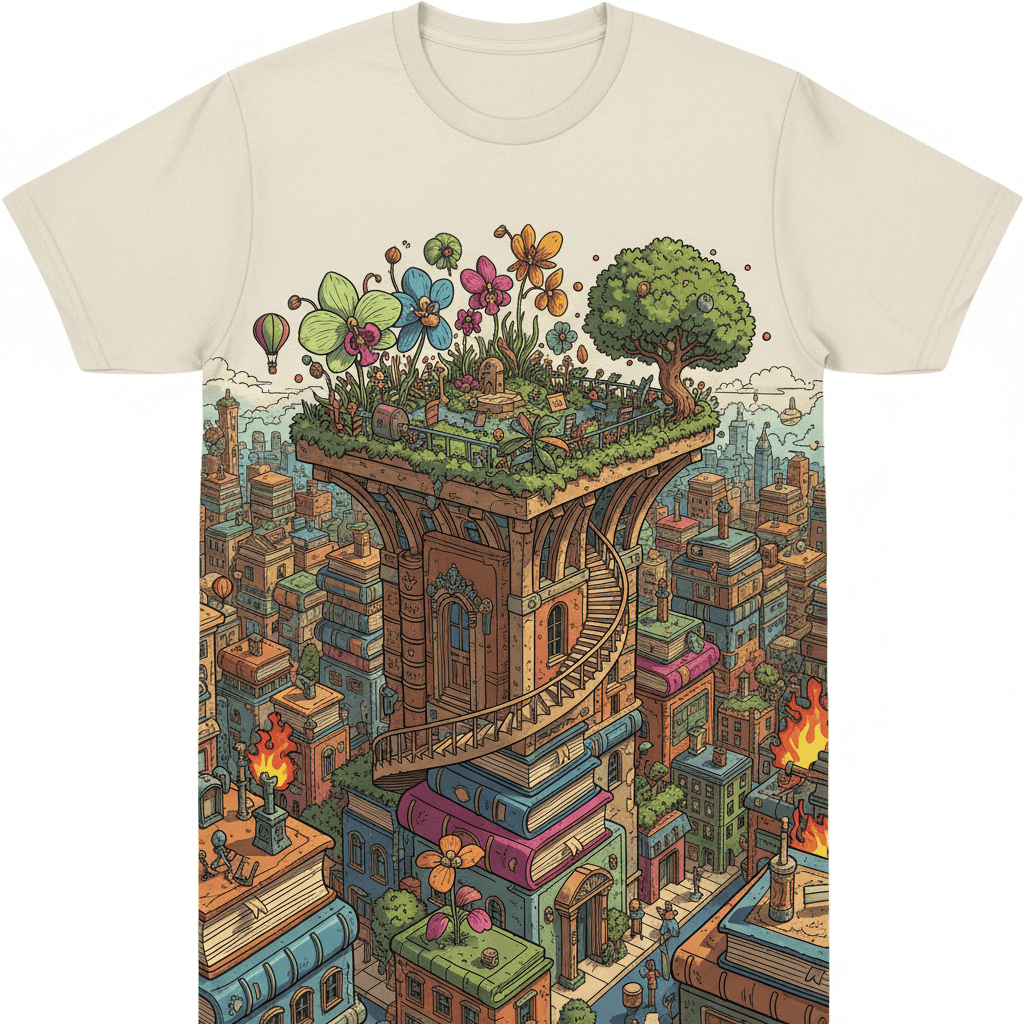 Imagine a t-shirt design showcasing a surreal urban landscape where buildings are constructed from stacks of vintage books. A winding staircase, also made of books, leads to a rooftop garden filled with exotic flora. The scene is rendered in a vibrant and whimsical style reminiscent of a colorful graphic novel. The composition is a wide angle shot, capturing the entire cityscape with its intricate details. The lighting is bright and cheerful, casting long, playful shadows that add depth and dimension. The color palette is a mix of warm and cool tones, with an emphasis on earthy browns, vibrant greens, and cheerful yellows. The entire design has a distinctly artistic feel, intended to evoke a sense of wonder and imagination. Hyperrealistic details add to the overall charm, making it a wearable piece of art. 4k resolution, a masterpiece.