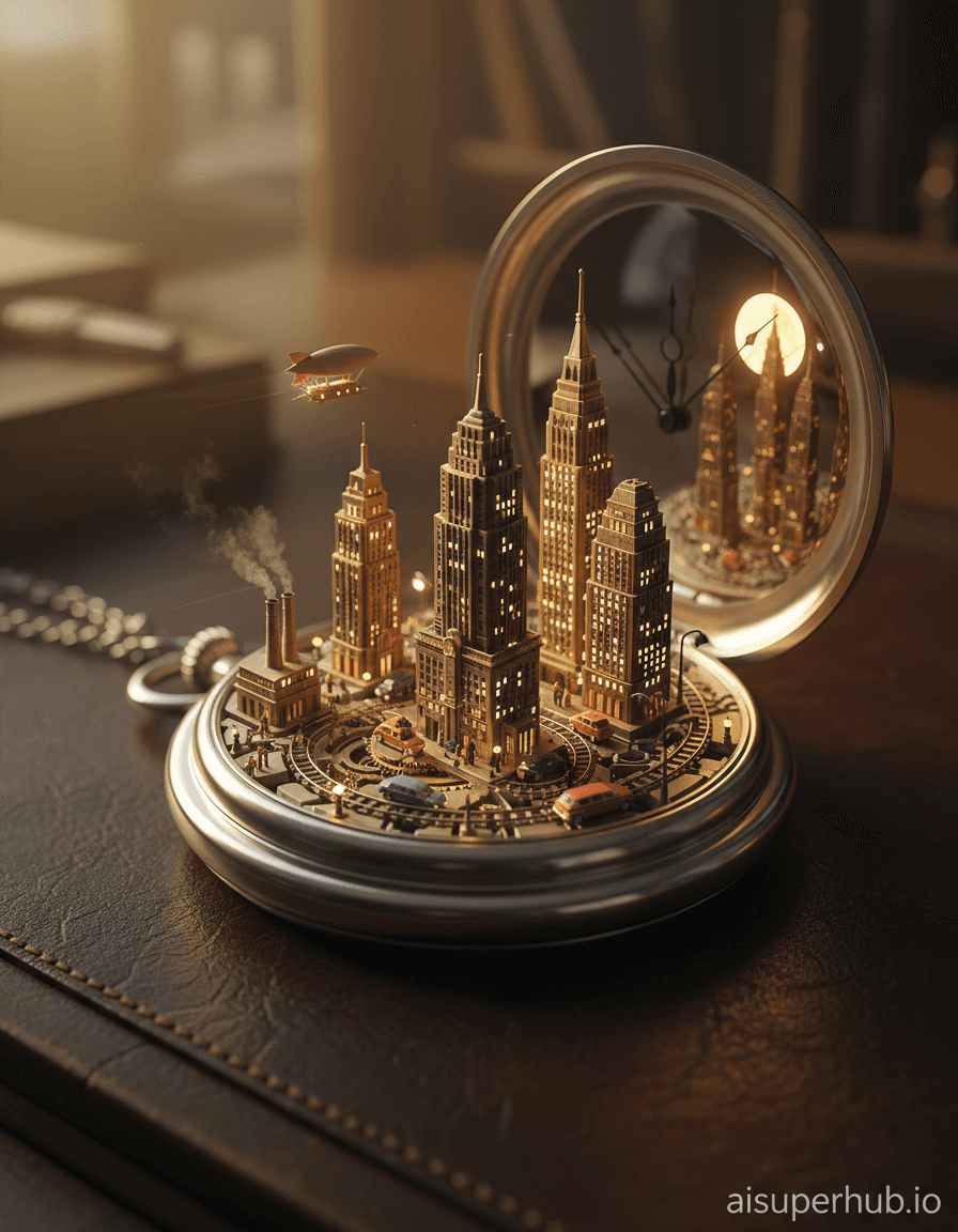 Create a hyper-realistic ultra-wide close-up photograph depicting a vintage wristwatch with its intricate gears transforming into a miniature bustling cityscape for the Product Ad Prompt. The central focus is a gleaming antique pocket watch, partially open to reveal its complex inner workings. Instead of springs and rubies, the brass cogs and platinum plates have morphed into towering skyscrapers and bustling streets, where microscopic cars and pedestrians navigate the metallic pathways. Details to include: Tiny, illuminated windows in the 'buildings' (watch gears), miniature steam rising from tiny power plants (escapement wheel), micro-trains running along the watch's winding path, a minuscule airship slowly floating between two 'tallest' gears, and a tiny figure gazing up at a 'moon' (the watch's minute hand). The watch rests on a richly textured dark leather desk, subtly reflecting the vibrant city within its polished silver casing. The background is a soft, deep blur of warm, diffused light, hinting at a cozy study or workshop, enhancing the intimate scale of the inner world while providing a sophisticated context for the product. Dramatic, golden hour lighting streams from the left, casting long, sharp shadows within the miniature cityscape, emphasizing depth and scale. This evokes a sense of wonder and intricate beauty, highlighting the fantastical transformation with a warm, inviting glow. Color palette: Rich golds, burnished brass, deep platinum, muted coppers, with pops of emerald green and ruby red from tiny lights, set against the dark leather and warm, blurred background. Mood/atmosphere: A blend of nostalgic wonder and breathtaking ingenuity. Style: Macro photography, cinematic, intricate detail, steampunk fantasy, product advertisement aesthetic, ultra-sharp focus, dreamlike realism. overlay text: 'aisuperhub.io'