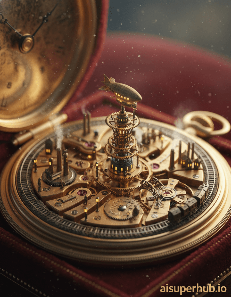 Create a hyper-realistic macro photograph depicting a bustling miniature city built within the intricate mechanisms of a vintage pocket watch for the Candid portraits. A vibrant, tiny metropolis thrives amidst polished brass gears and ruby jewels. Microscopic citizens, no larger than dust motes, navigate winding paths etched onto springs and balance wheels, their daily lives unfolding on a scale incomprehensible to the human eye. The central action shows a tiny airship (perhaps a modified dust particle) docking onto a gear-tower. Details to include: Tiny glowing streetlights made from polished metal filings, miniature steam vents puffing out wisps of vapor from tiny clockwork factories, a miniature train track circling the perimeter of the watch face with tiny carriages, micro-sculpted bridges connecting different gears and cogs, and reflections of the tiny city lights shimmering on the highly polished watch casing. The background is softly blurred, hinting at the plush velvet lining of a jeweler's box, subtly emphasizing the preciousness and isolation of this hidden world. Dust motes float in the air, catching the light like distant stars, adding to the surreal scale. Dramatic, warm golden hour lighting filters through unseen crevices, creating long, exaggerated shadows across the tiny cityscapes, evoking a sense of wonder and secret discovery. Strategic pinpoint lights illuminate key architectural features, adding depth and visual interest. Color palette specification: Rich brass, polished steel, deep ruby reds, and emerald greens from the jewels, contrasted with warm amber and soft blues from ambient lighting. Mood/atmosphere: A sense of profound awe, delicate wonder, and intricate escapism permeates the scene. Style summary: Photorealistic, surreal macro photography, steampunk fantasy, intricate detail, bokeh background, cinematic. Overlay text: 'aisuperhub.io'